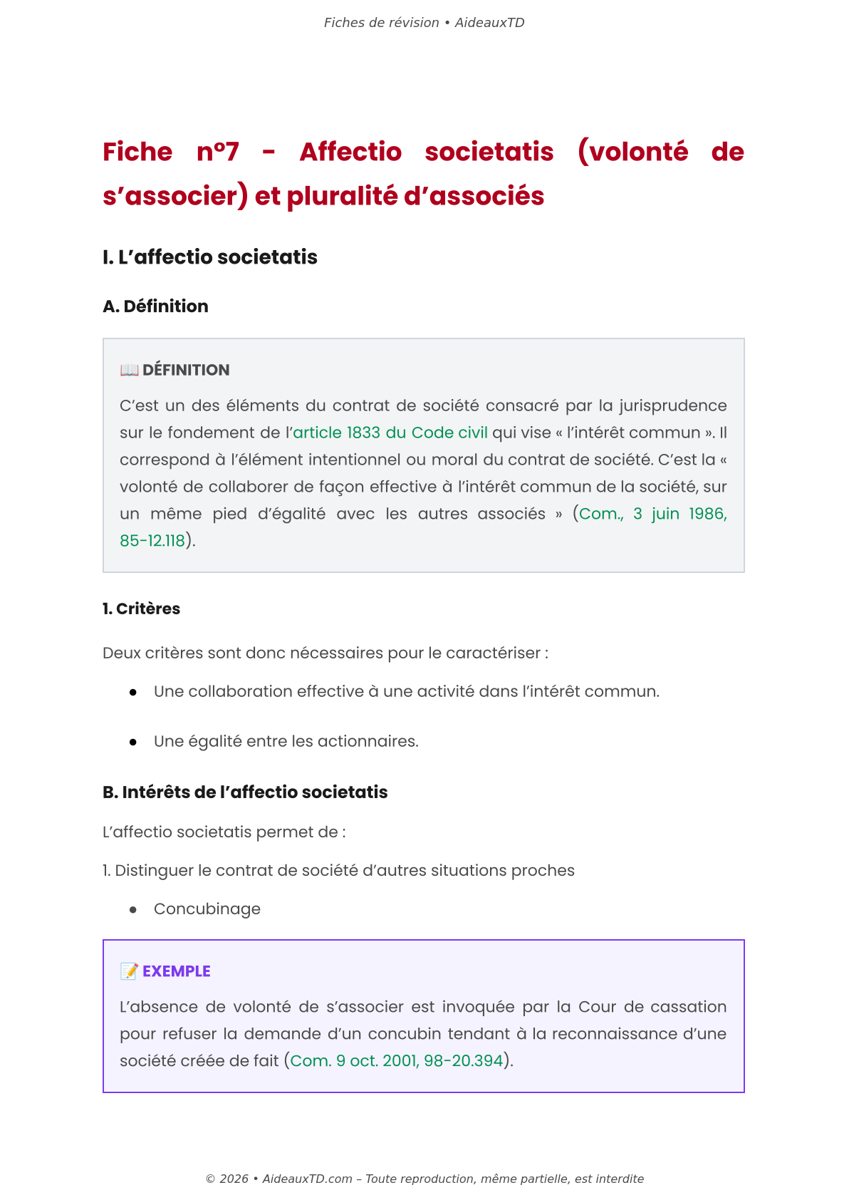 Fiches de révision — Droit commun des sociétés