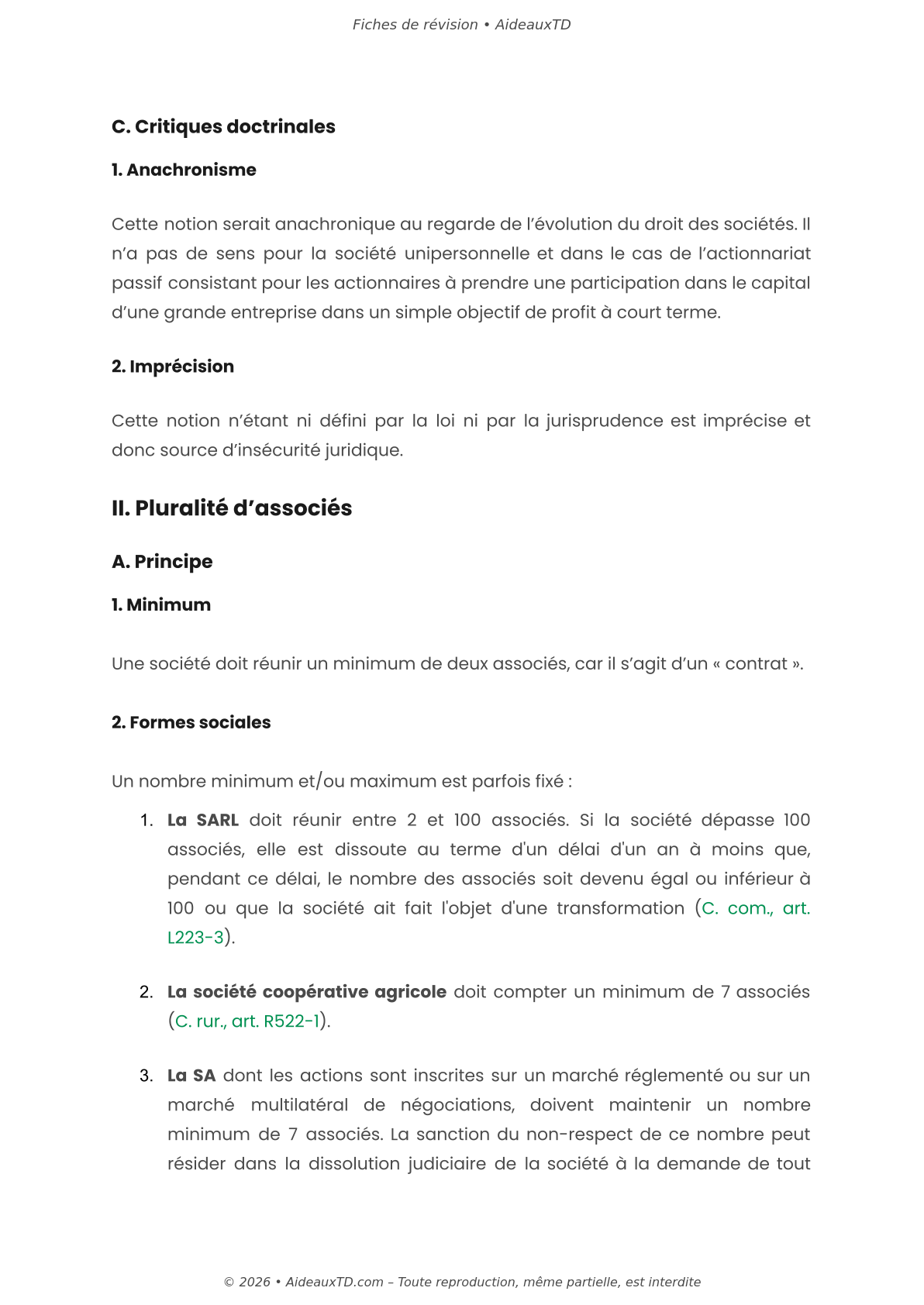 Fiches de révision — Droit commun des sociétés