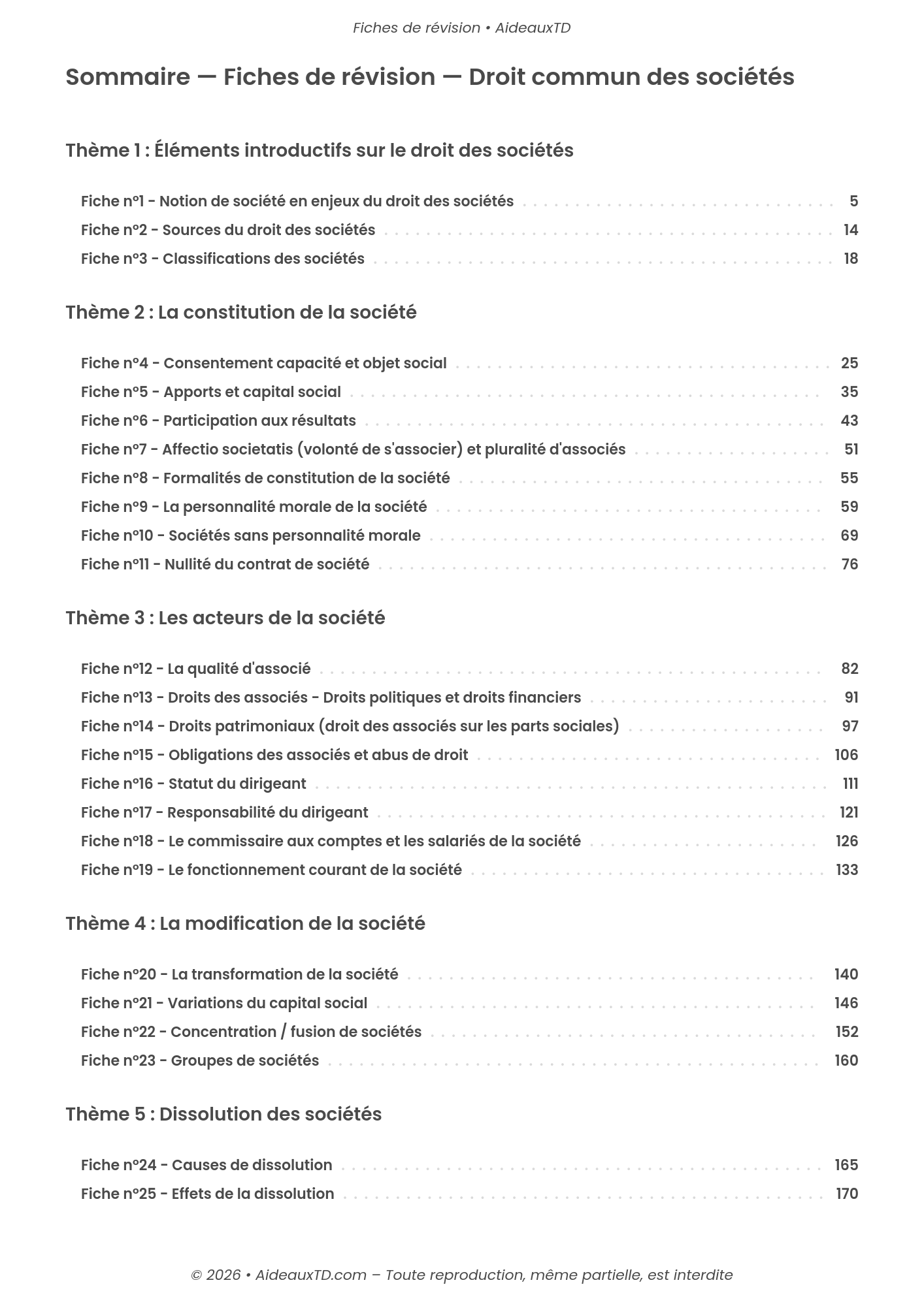 Fiches de révision — Droit commun des sociétés
