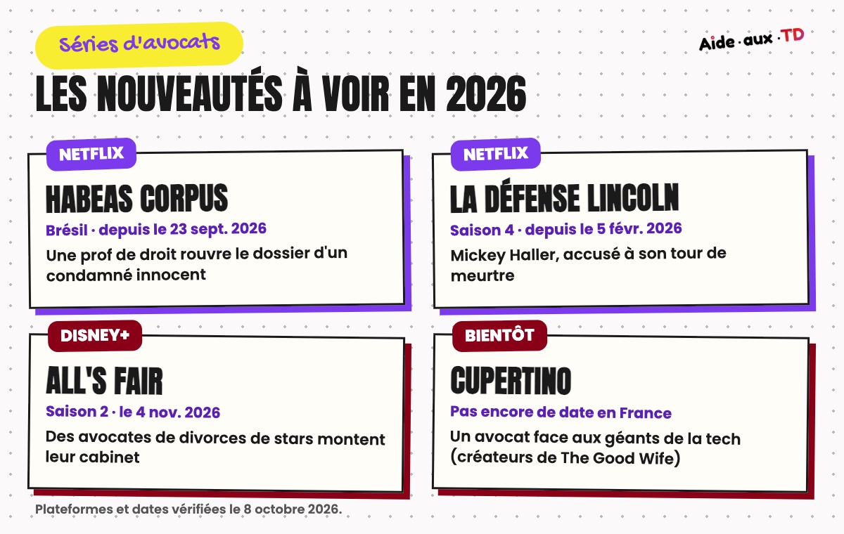 Nouvelles séries d'avocats à voir en 2026 : Habeas Corpus et La Défense Lincoln sur Netflix, All's Fair sur Disney+, Cupertino bientôt