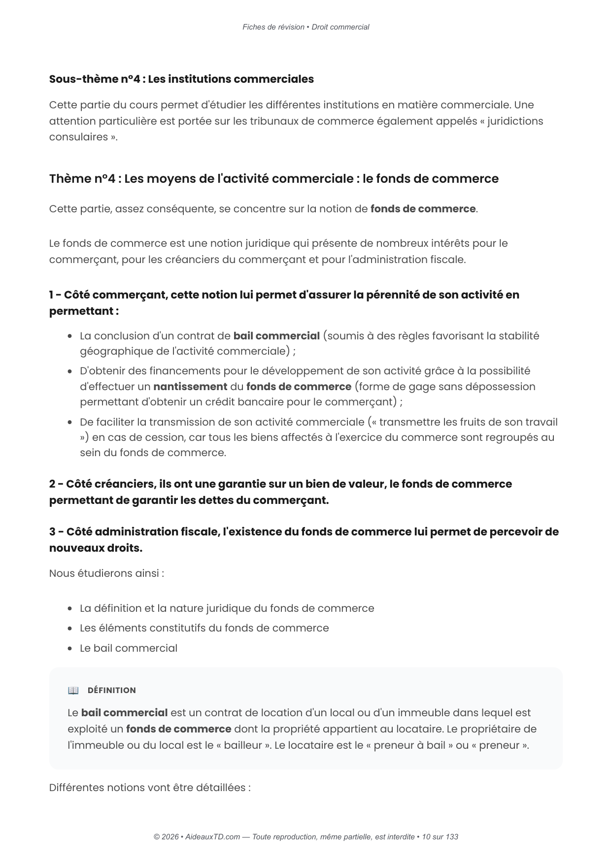 Fiches de révision — Droit commercial