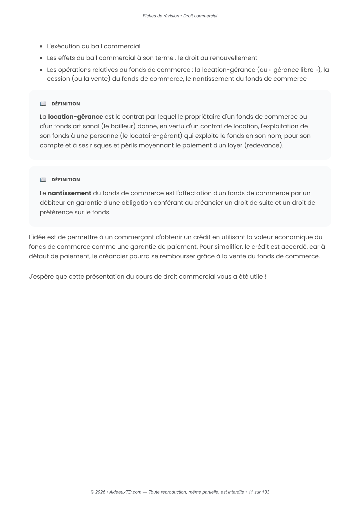 Fiches de révision — Droit commercial