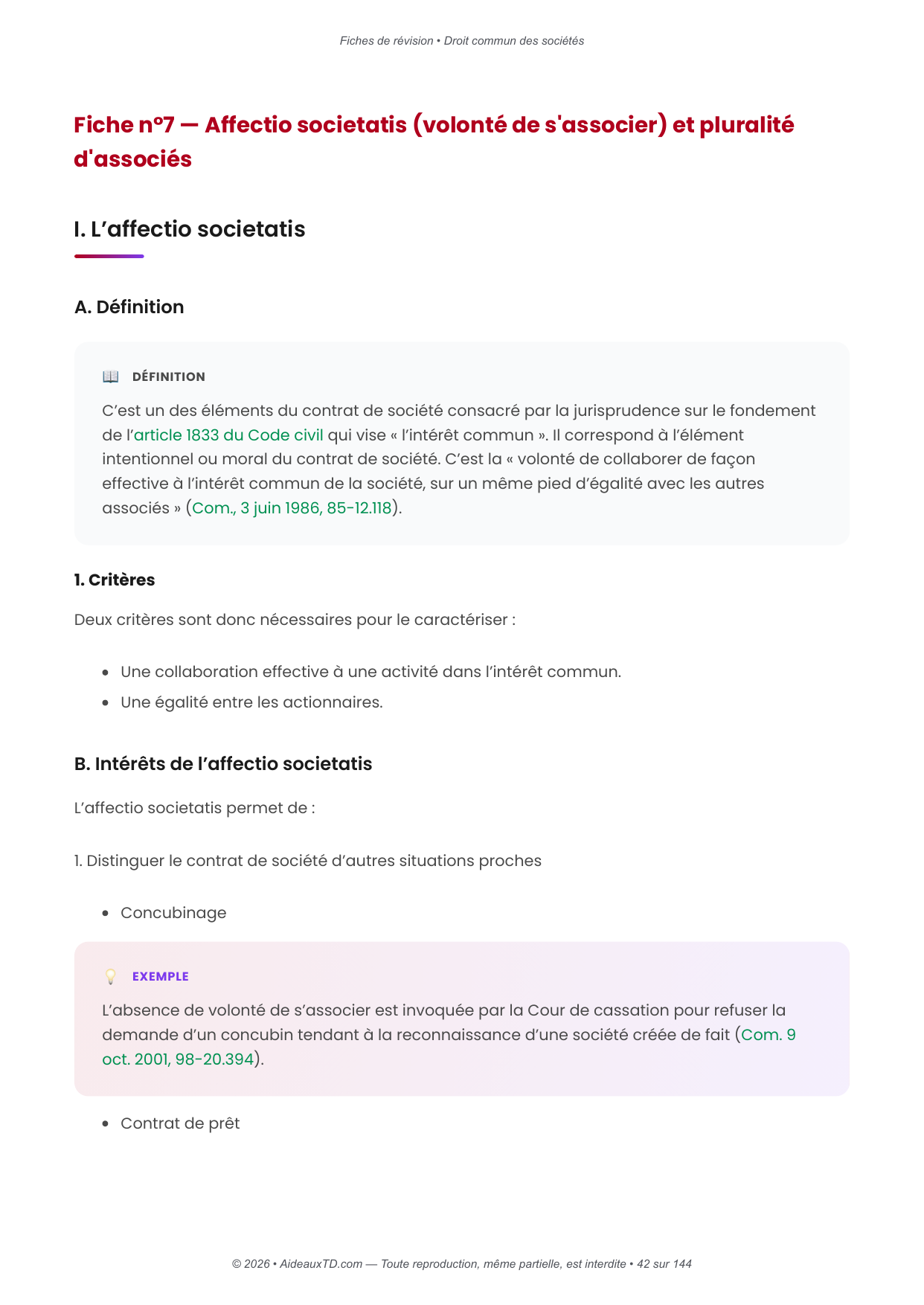 Fiches de révision — Droit commun des sociétés