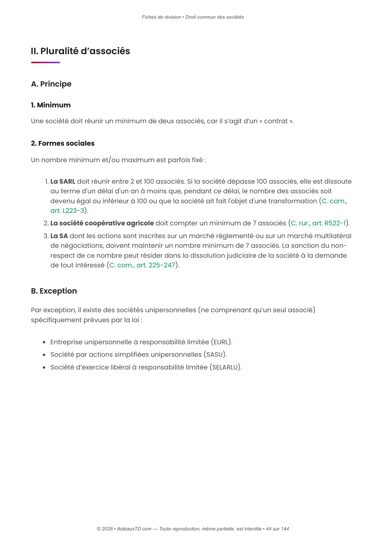 Fiches de révision — Droit commun des sociétés