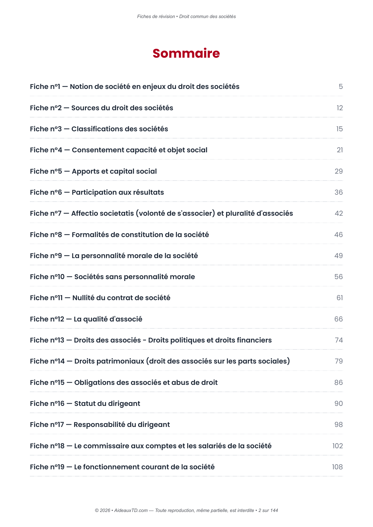 Fiches de révision — Droit commun des sociétés