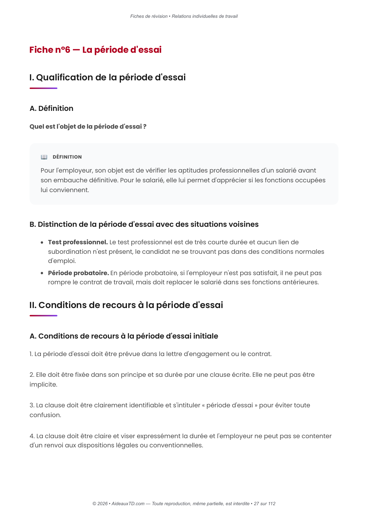 Fiches de révision — Relations individuelles de travail