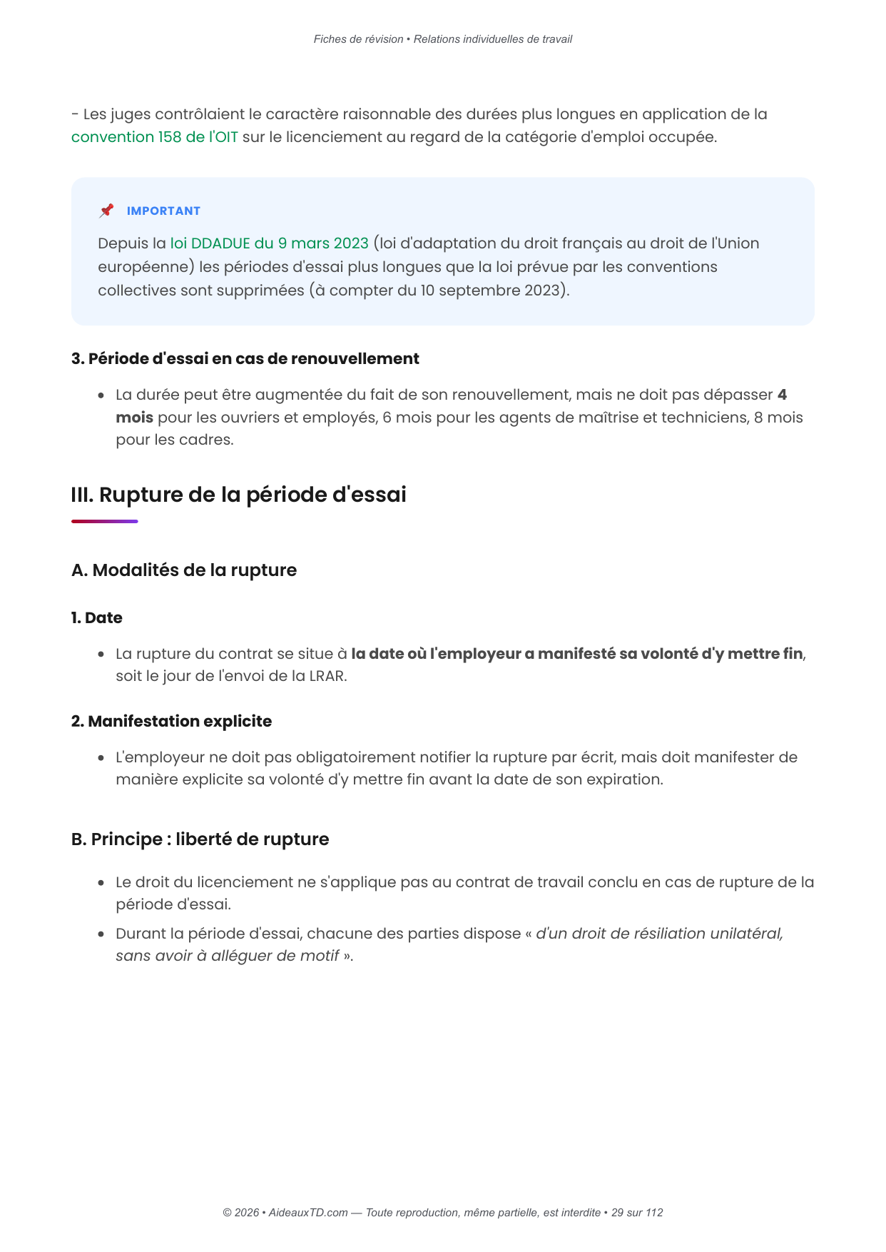 Fiches de révision — Relations individuelles de travail