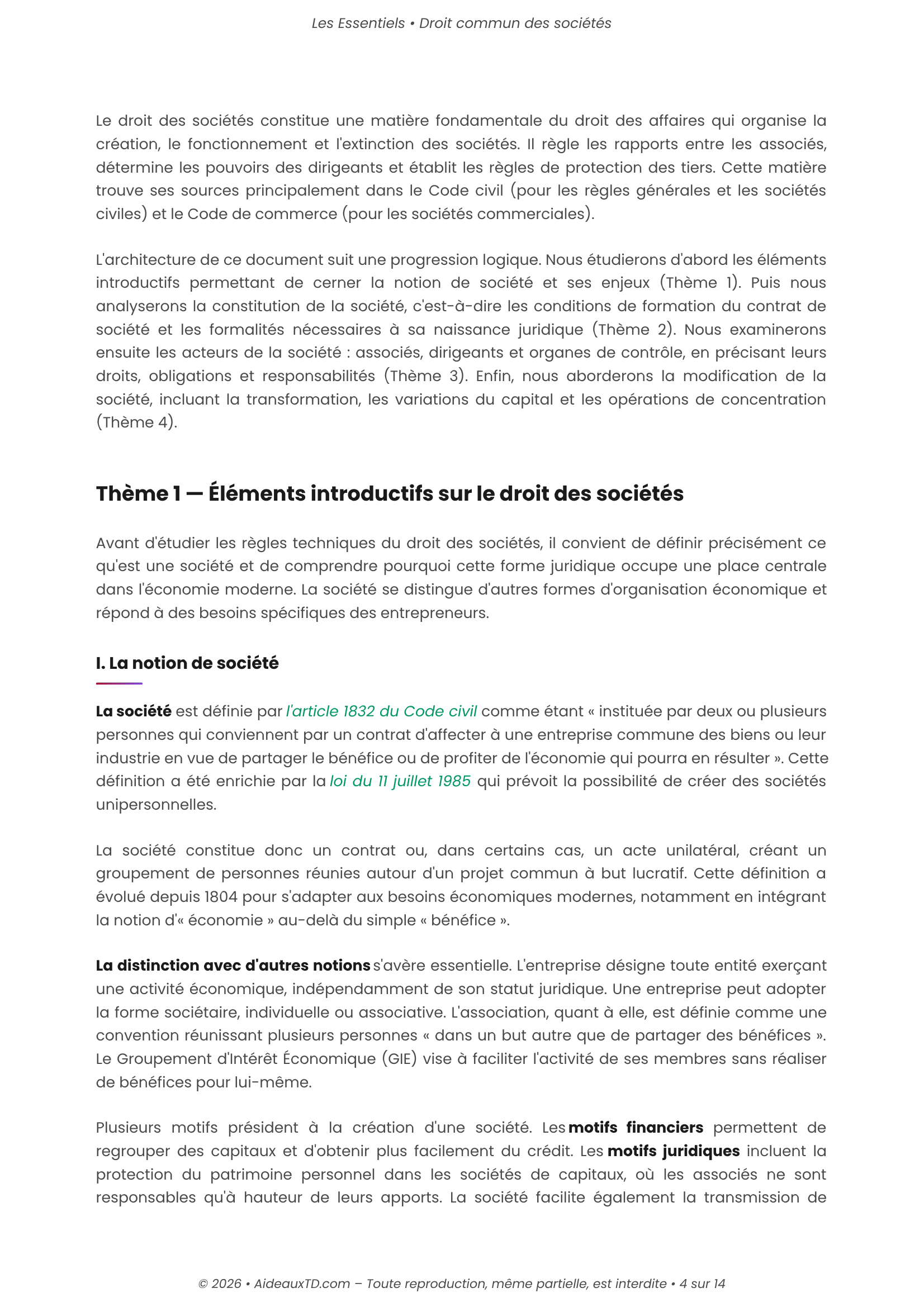 L&rsquo;Essentiel — Droit Commun des Sociétés