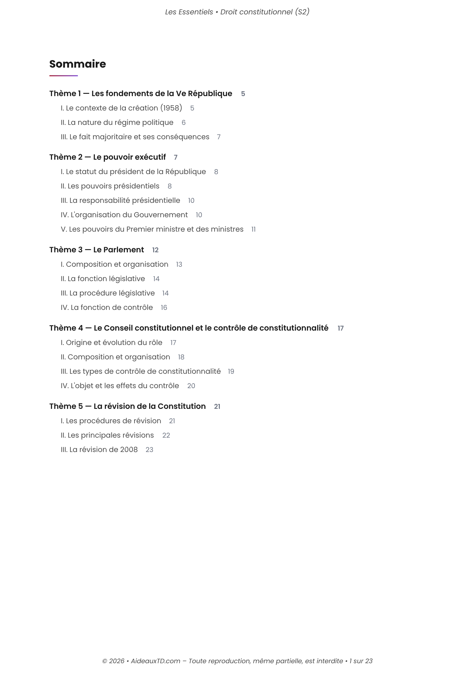 Sommaire de l’Essentiel de Droit constitutionnel (S2), 5 thèmes