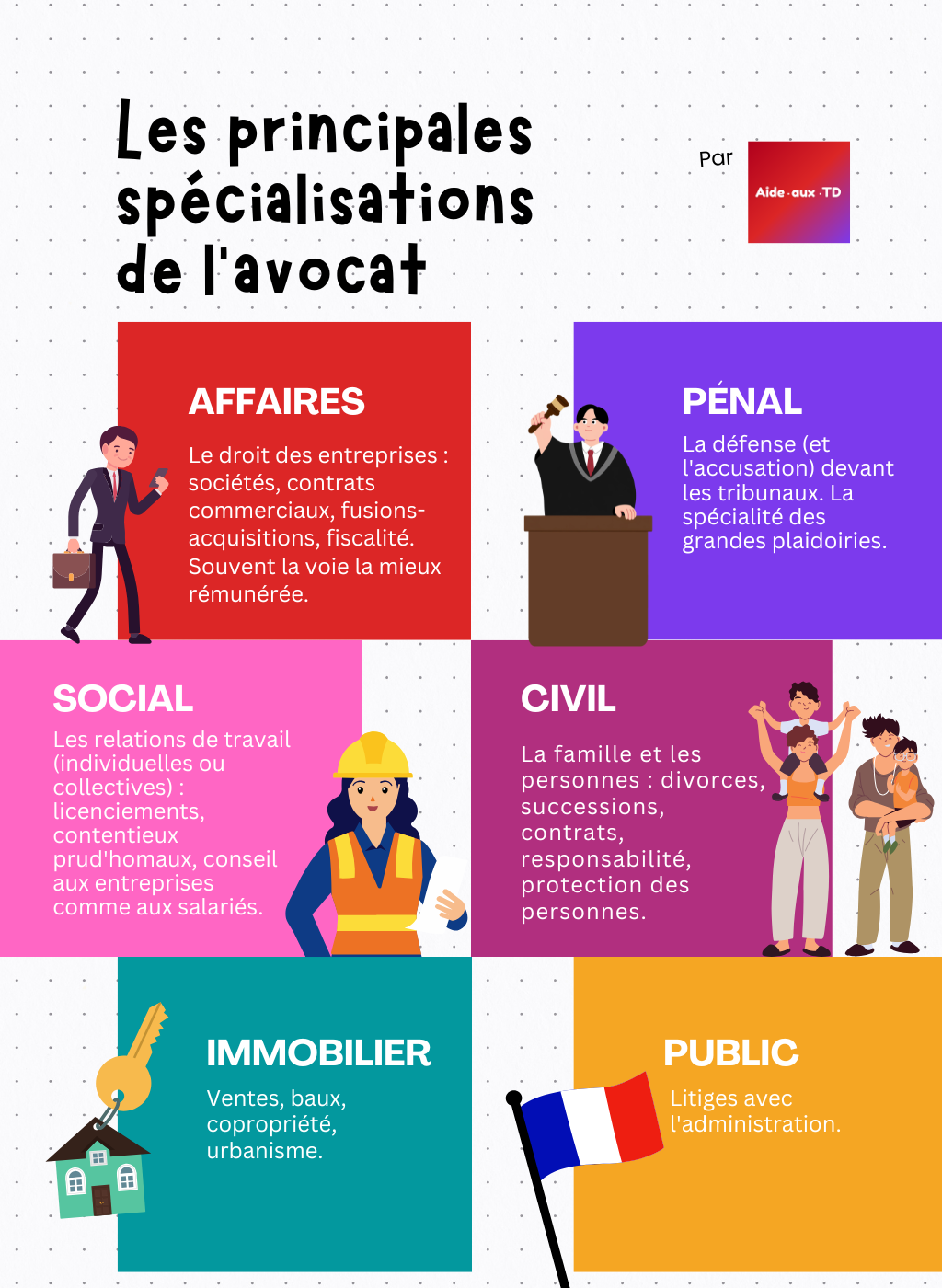 Infographie : les principales spécialisations de l'avocat (droit des affaires, pénal, social, civil, immobilier, public)