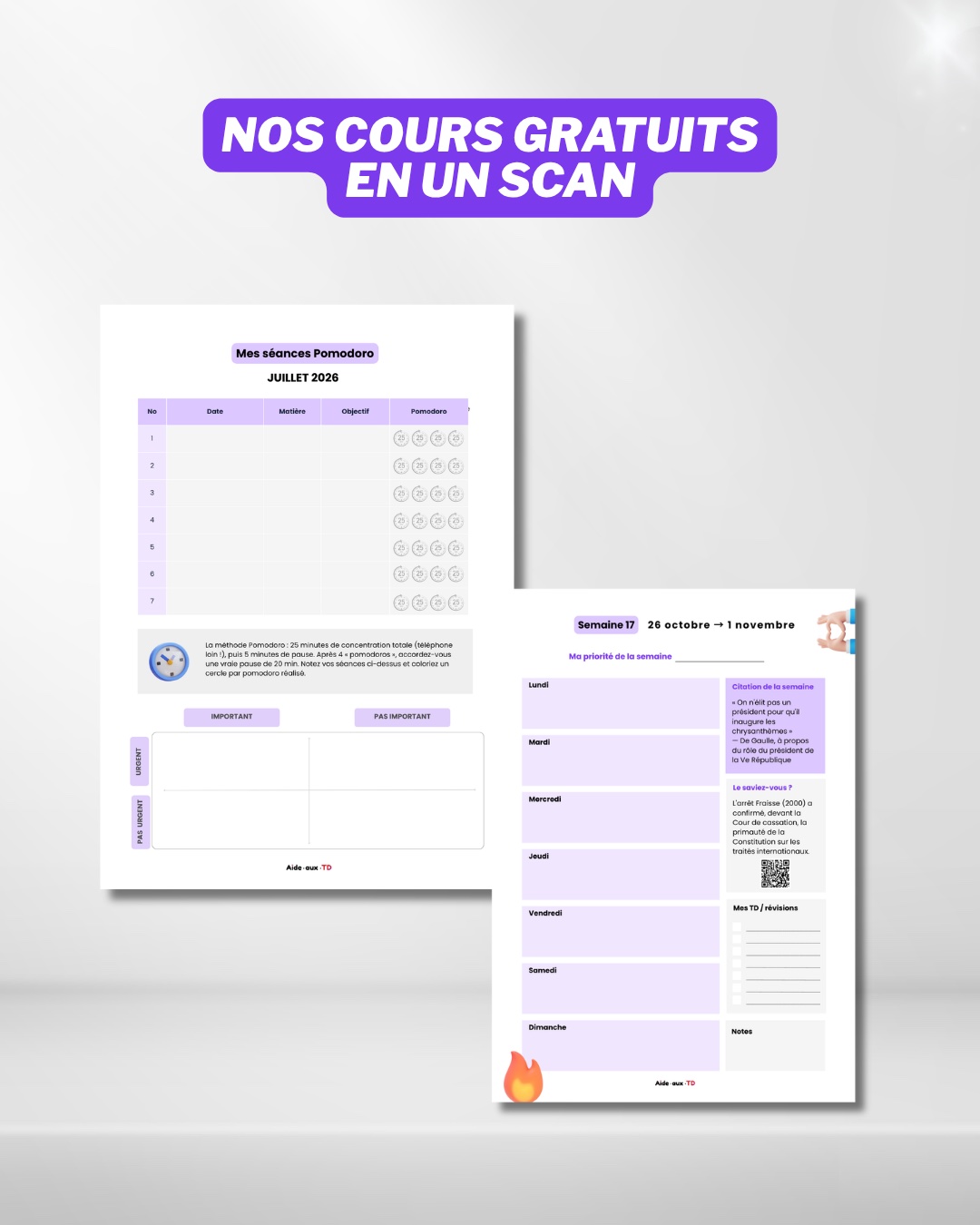Pages du planner avec QR codes vers des cours de droit gratuits