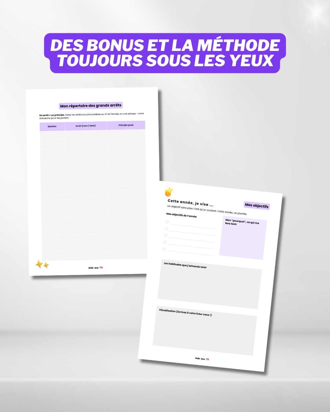 Pages méthode et bonus du Planner du juriste : grands arrêts et objectifs