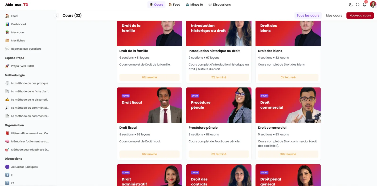 Le catalogue de cours de la plateforme AideauxTD : droit de la famille, histoire du droit, droit des biens, droit fiscal, procédure pénale, droit commercial