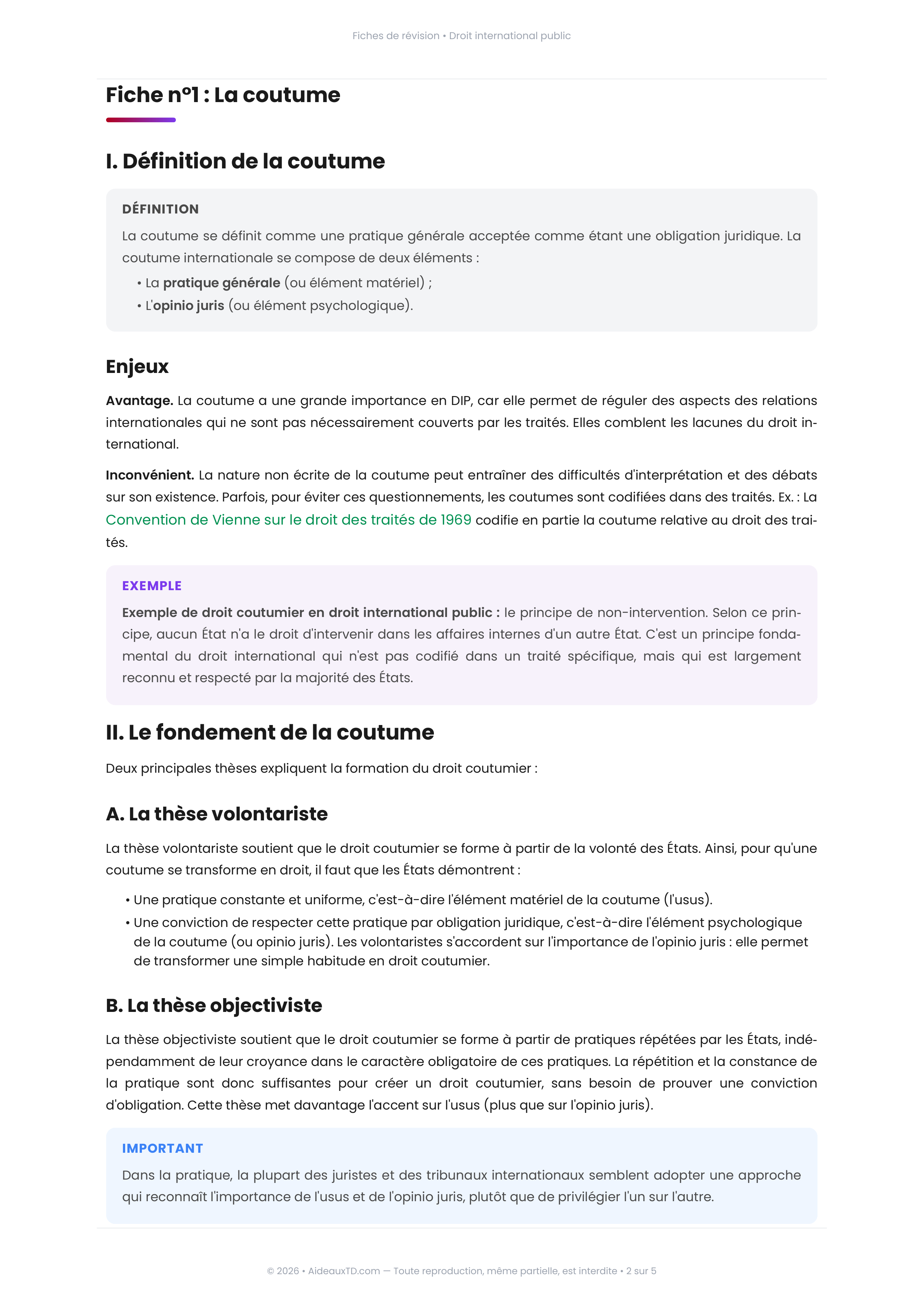 Extrait de fiche de révision de Droit international public (La coutume) - AideauxTD