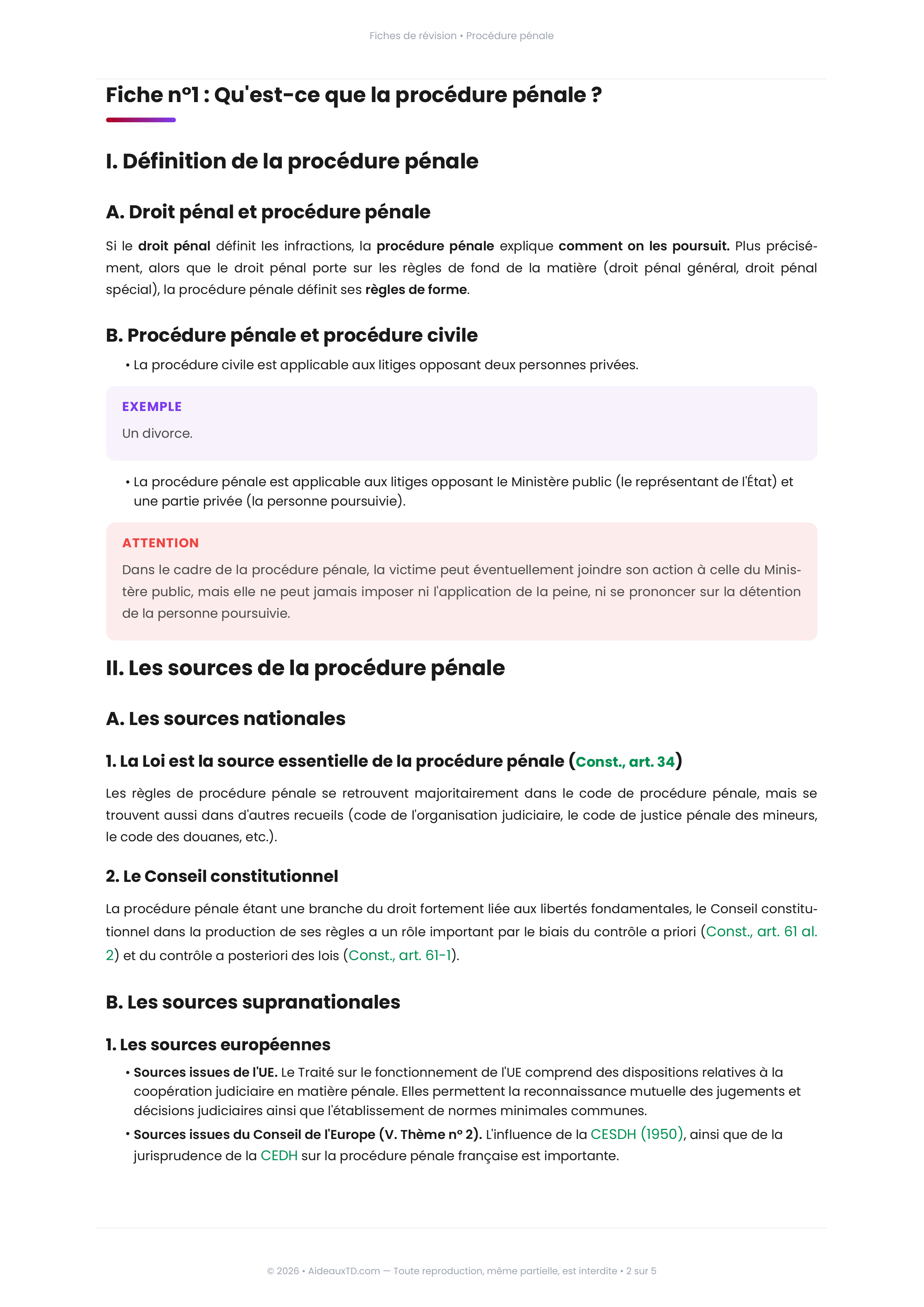 Extrait de fiche de revision de Procedure penale - AideauxTD