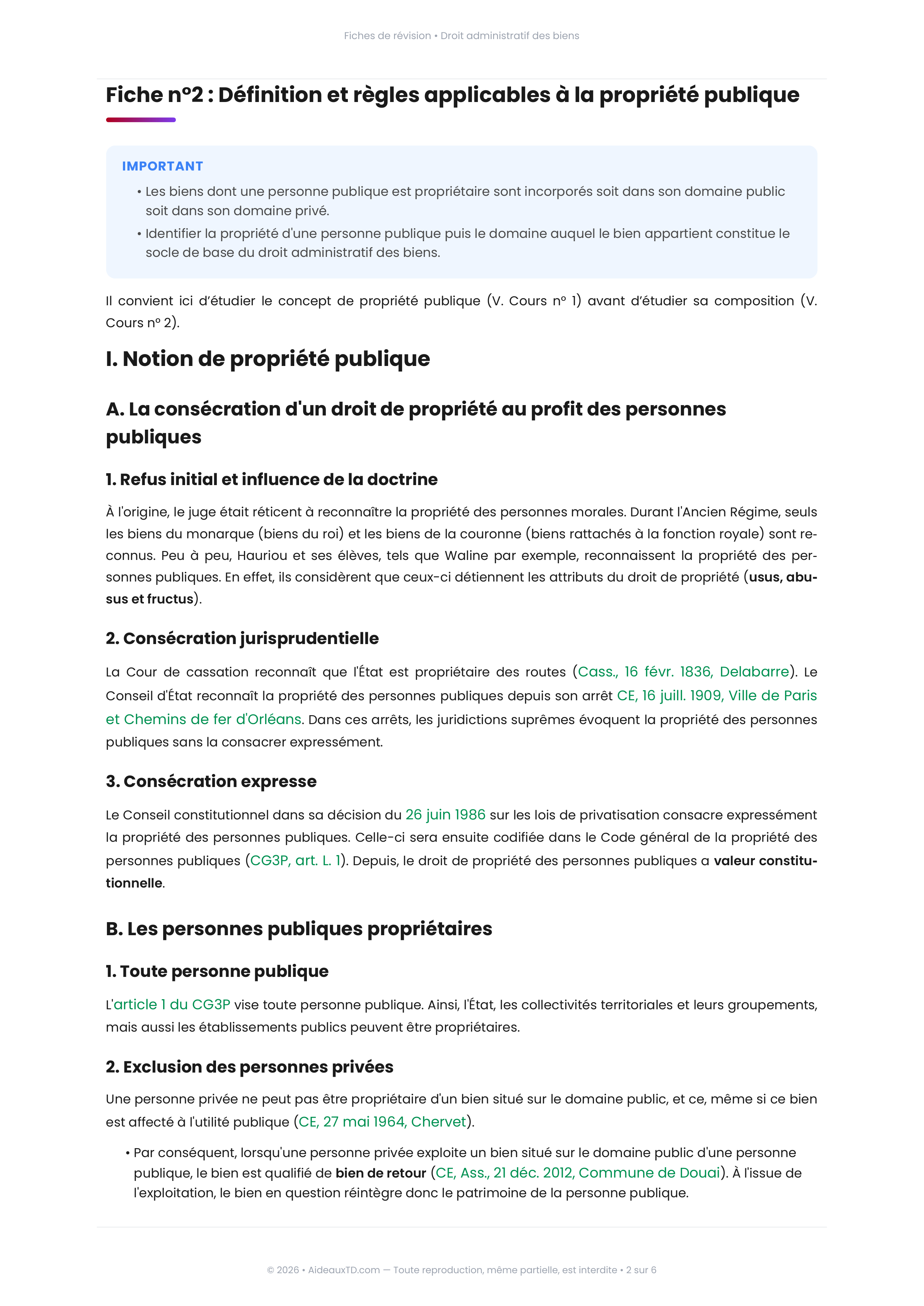 Extrait de la fiche de révision sur la propriété publique en droit administratif des biens