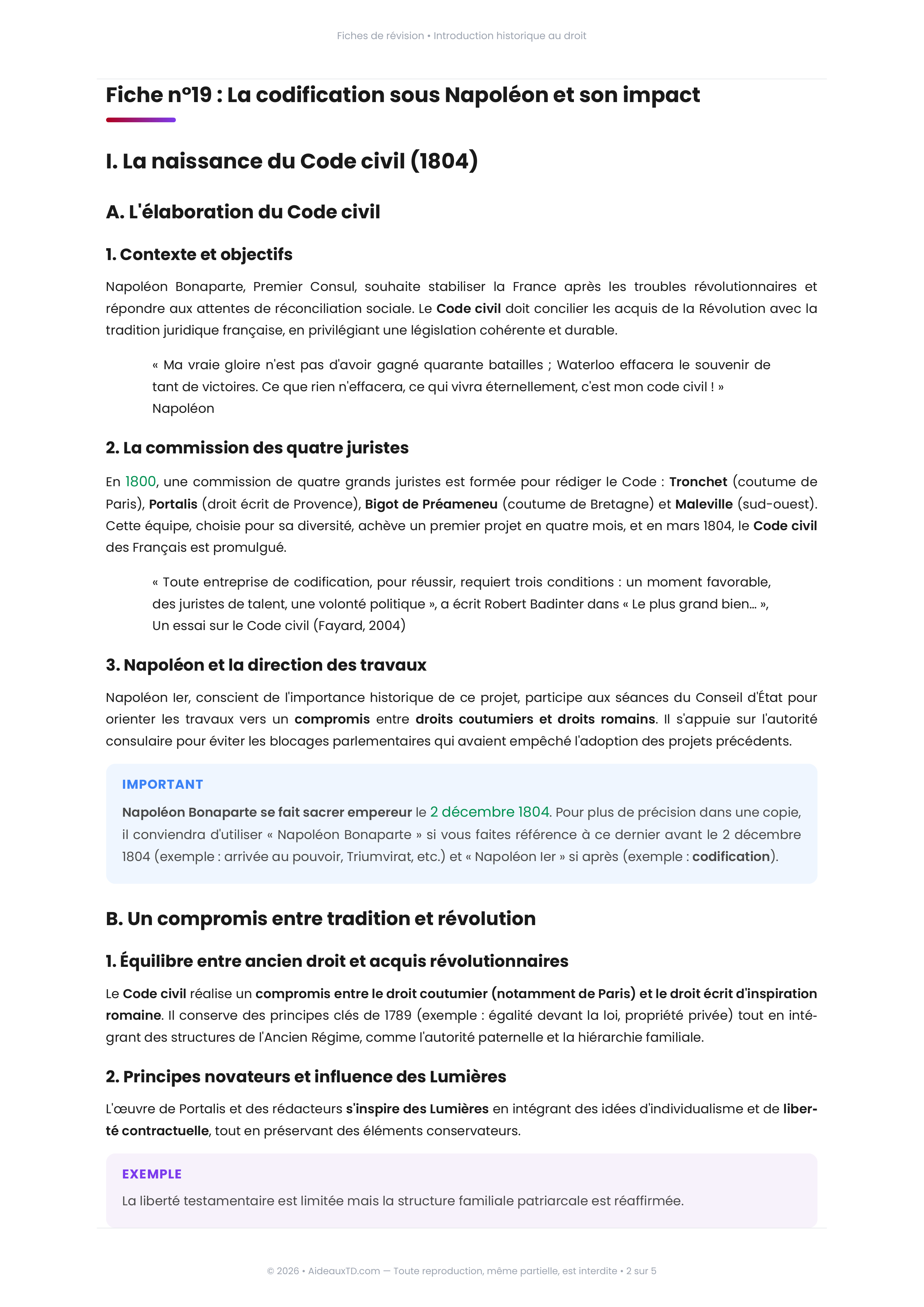 Extrait de la fiche de révision sur la codification napoléonienne en introduction historique au droit