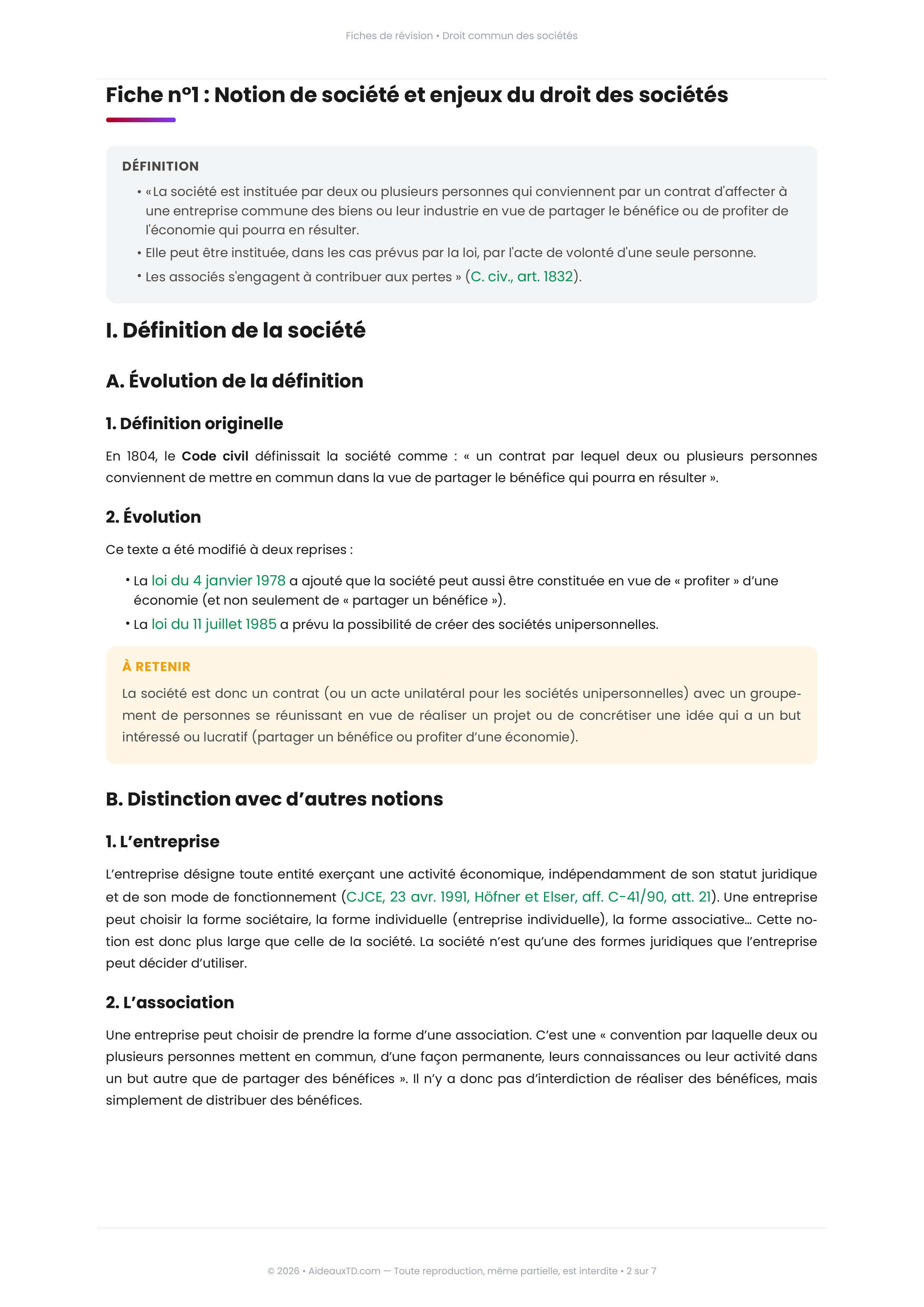 Extrait de fiche de révision de droit des sociétés