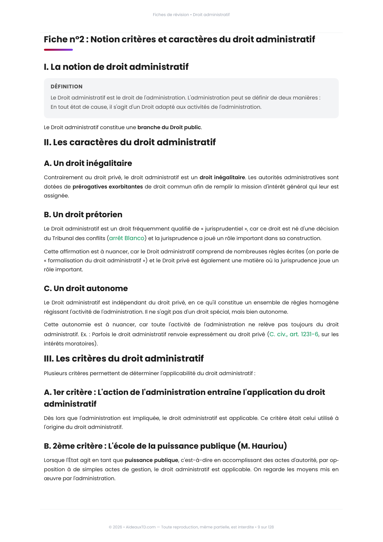 Extrait des fiches de révision de Droit administratif : fiche n°2, Notion critères et caractères du droit administratif (page 1)