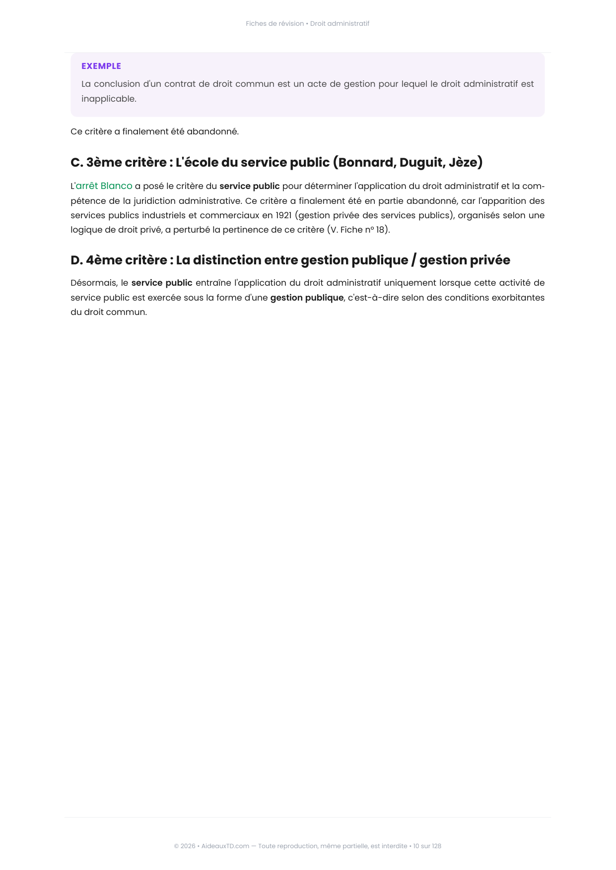 Extrait des fiches de révision de Droit administratif : fiche n°2, Notion critères et caractères du droit administratif (page 2)
