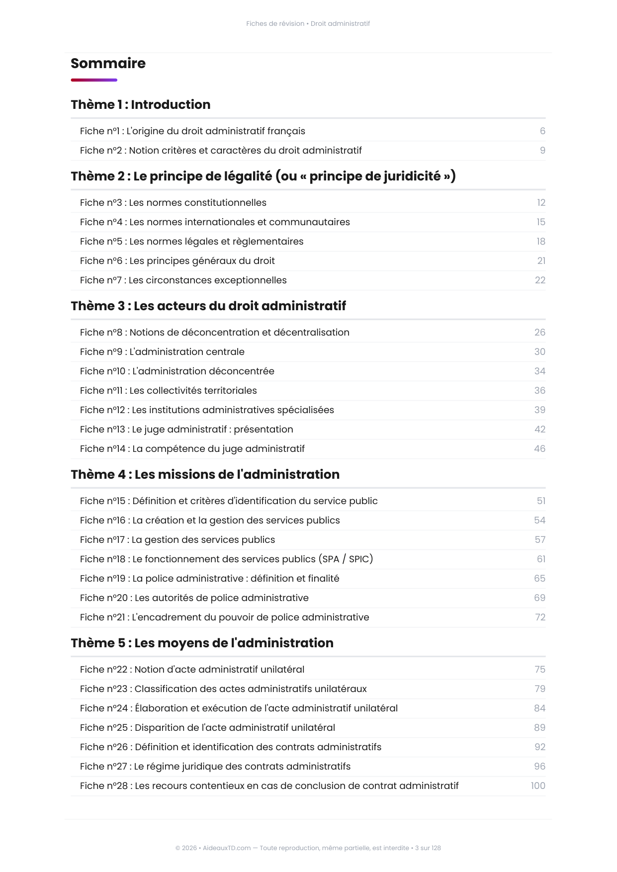 Sommaire des 35 fiches de révision de Droit administratif, 7 thèmes