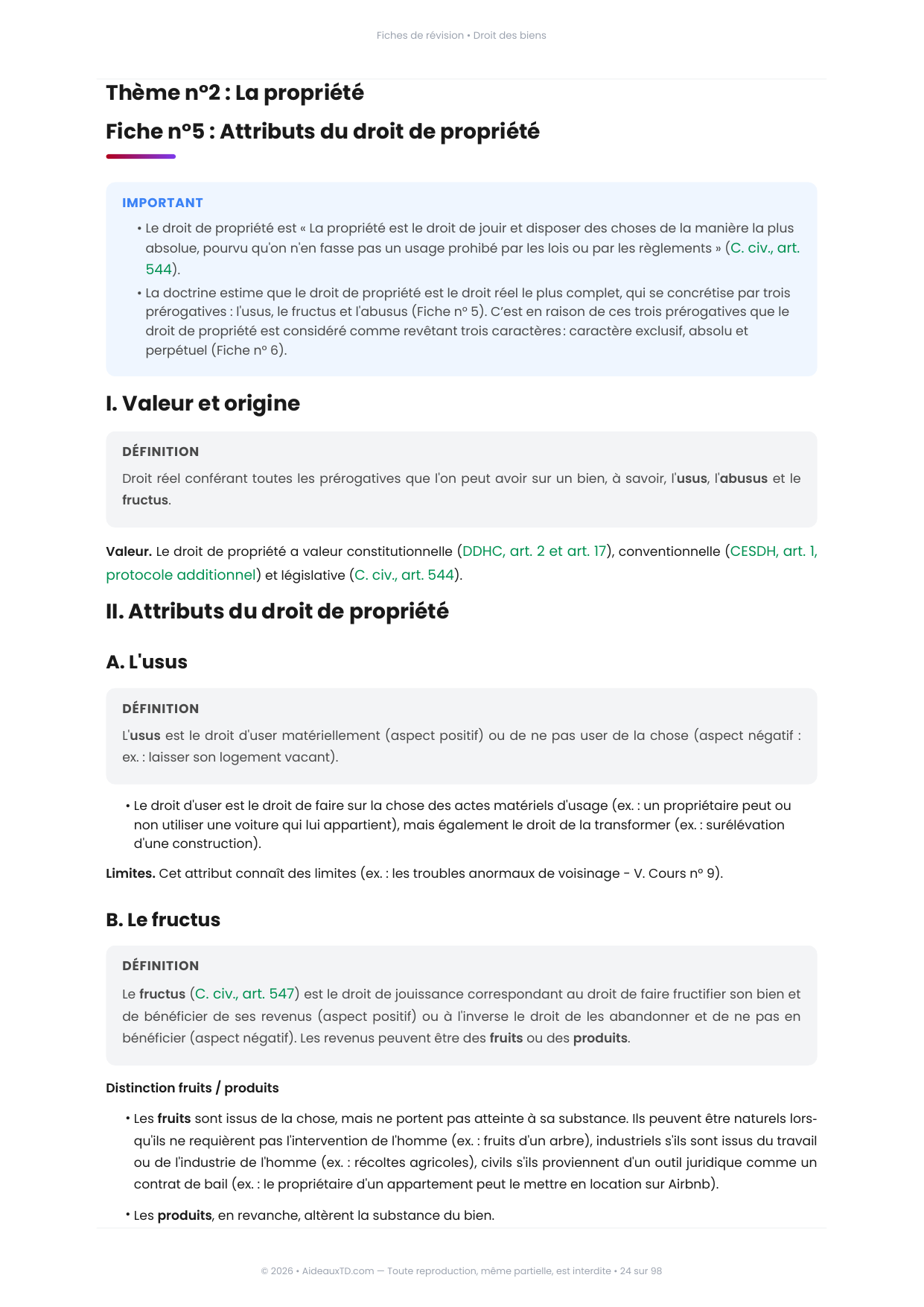 Extrait des fiches de révision de Droit des biens : fiche n°5, Attributs du droit de propriété (page 1)
