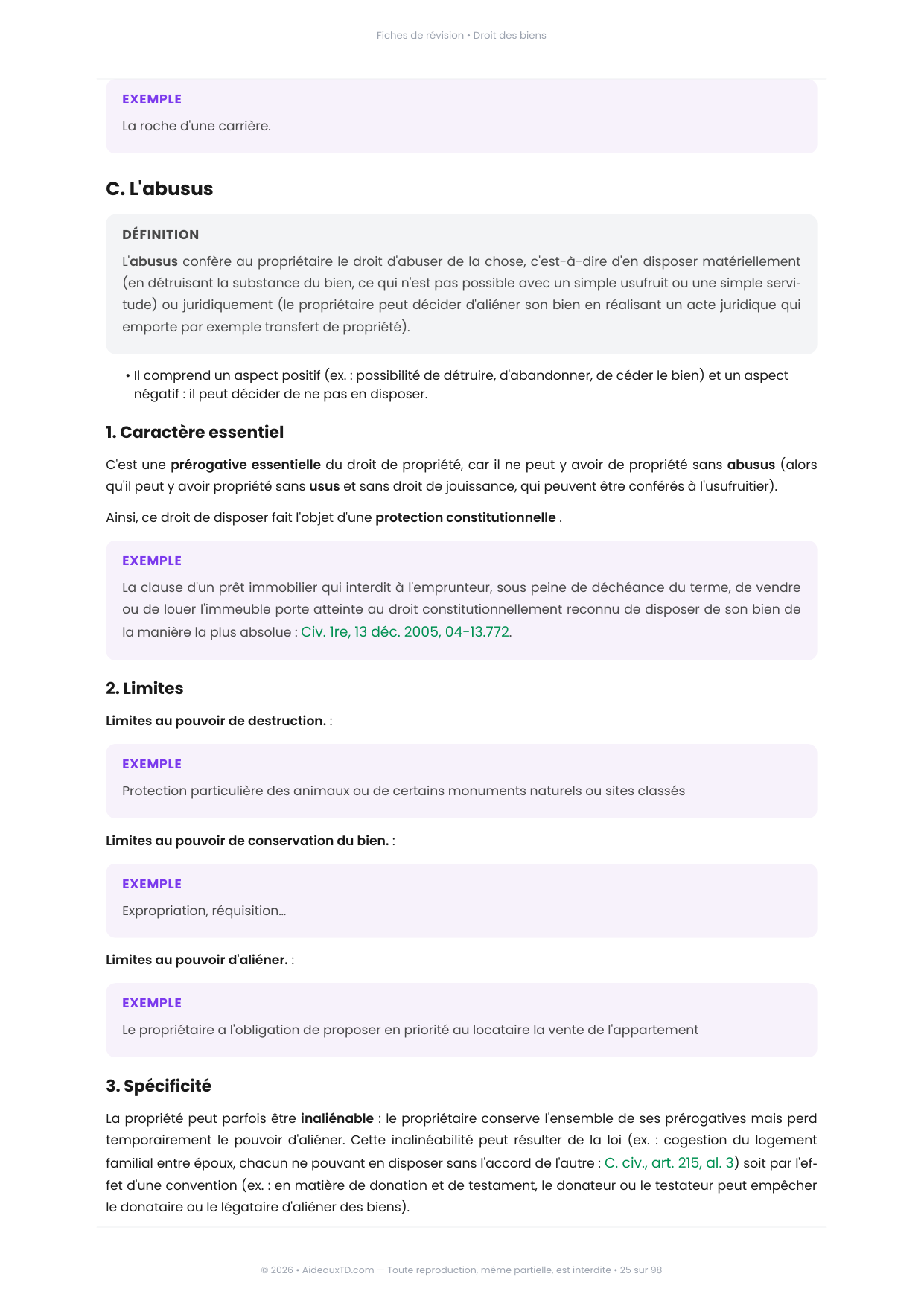 Extrait des fiches de révision de Droit des biens : fiche n°5, Attributs du droit de propriété (page 2)
