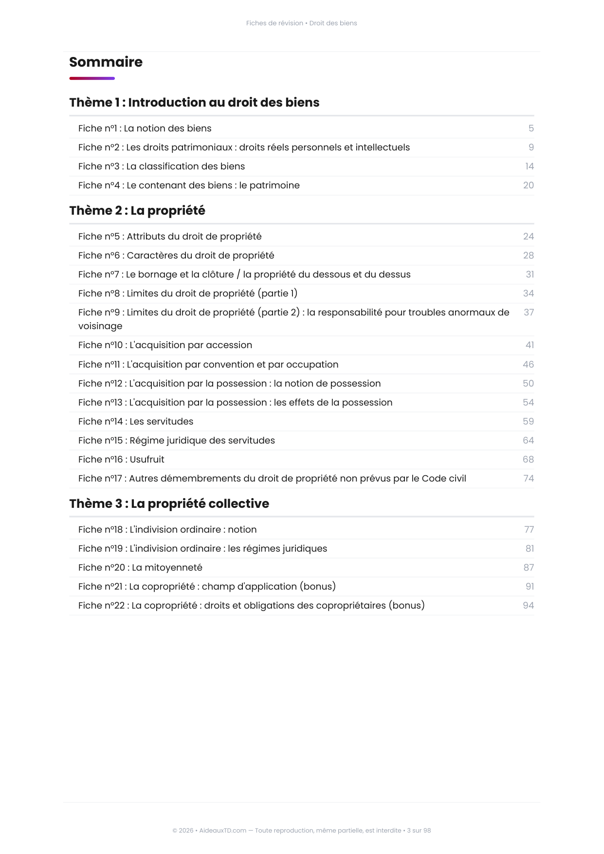 Sommaire des 22 fiches de révision de Droit des biens, 3 thèmes