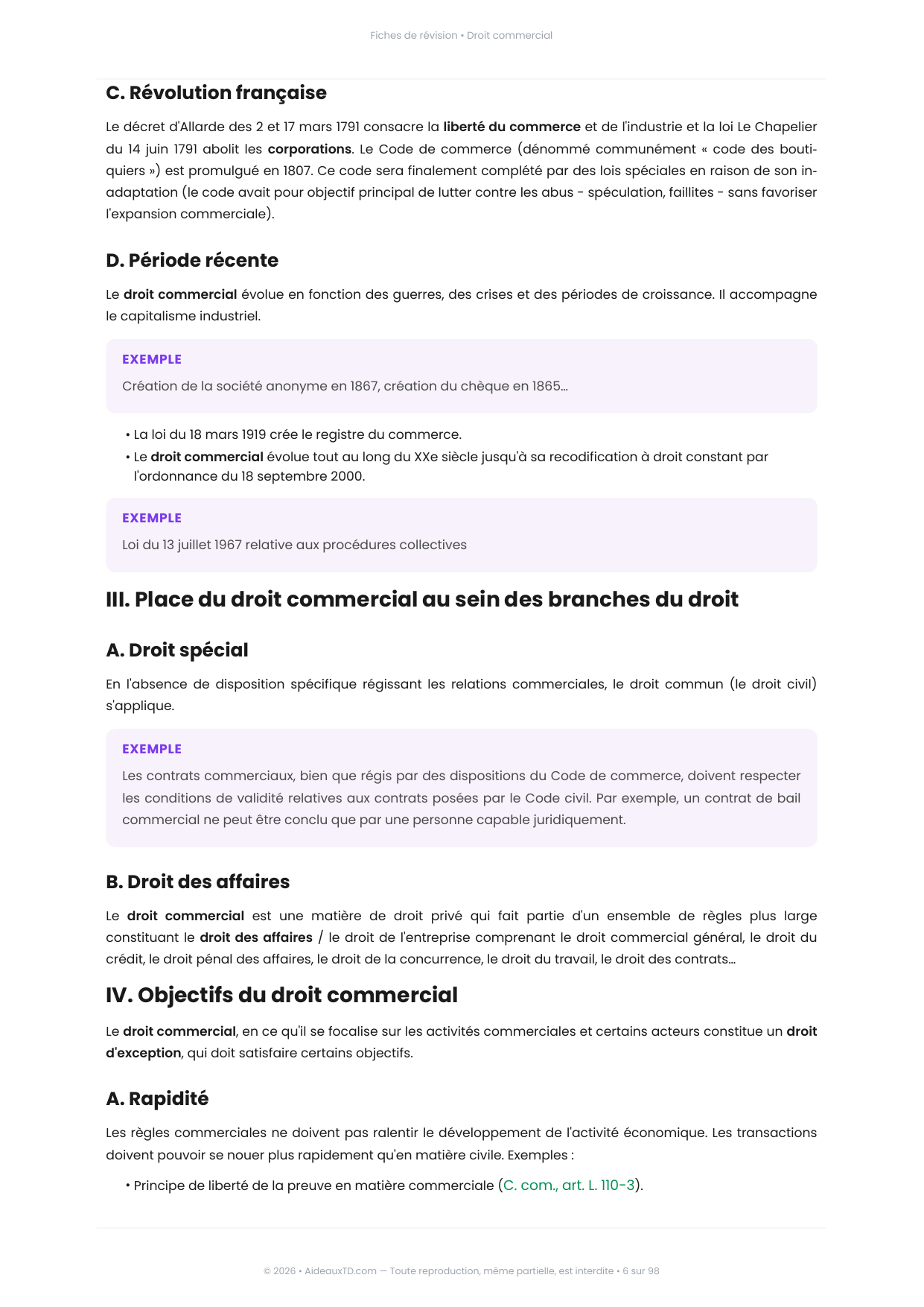 Extrait des fiches de révision de Droit commercial : fiche n°1, Présentation et particularités du droit commercial (page 2)