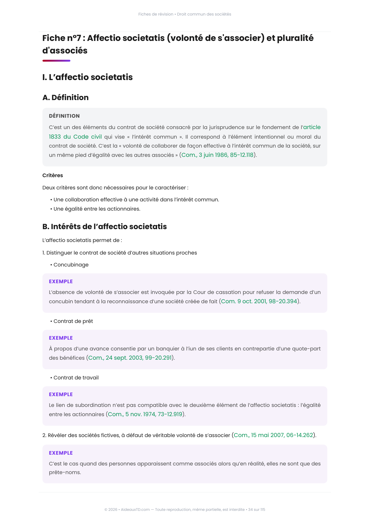 Extrait des fiches de révision de Droit commun des sociétés : fiche n°7, Affectio societatis (volonté de s'associer) et pluralité d'associés (page 1)