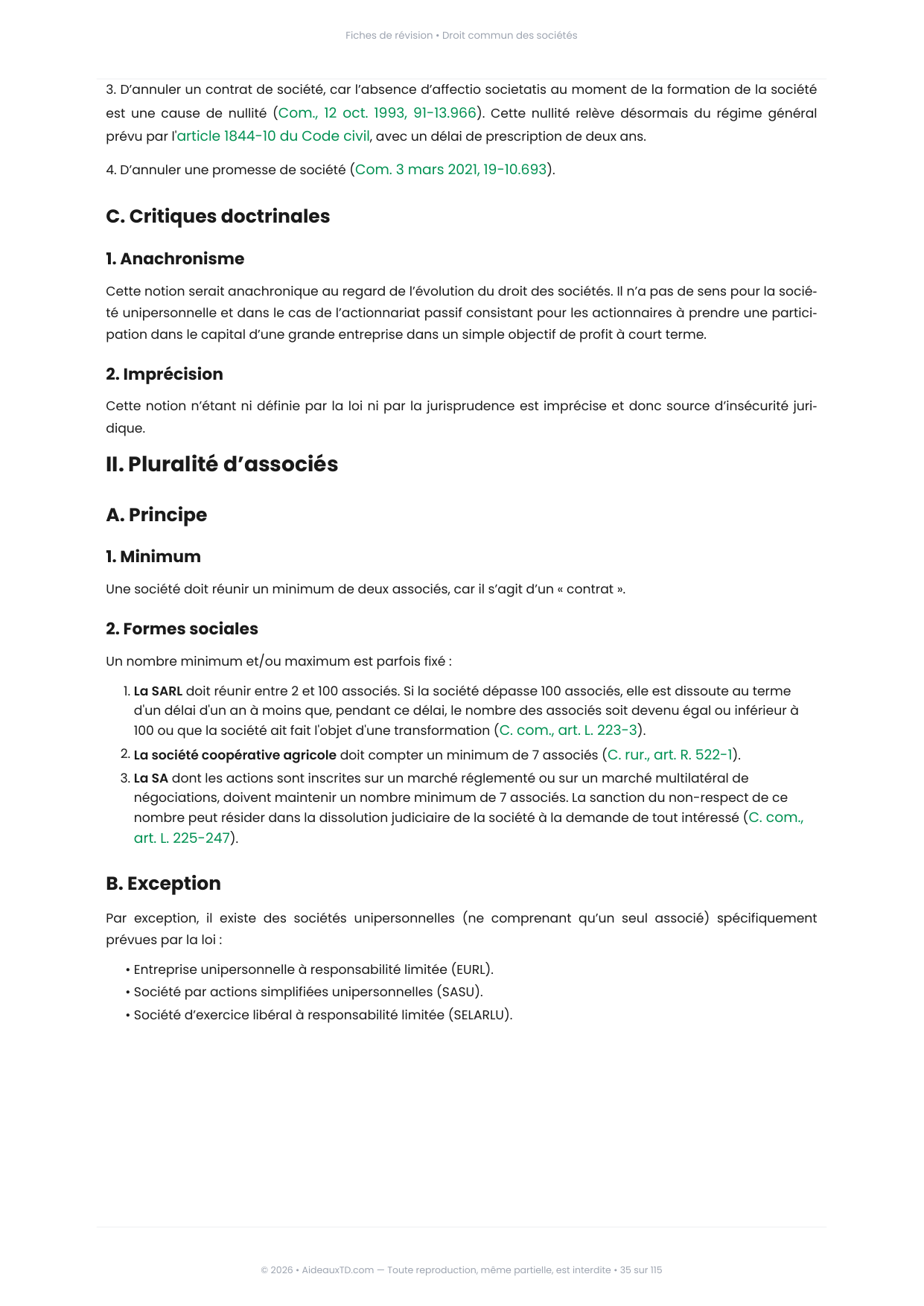 Extrait des fiches de révision de Droit commun des sociétés : fiche n°7, Affectio societatis (volonté de s'associer) et pluralité d'associés (page 2)