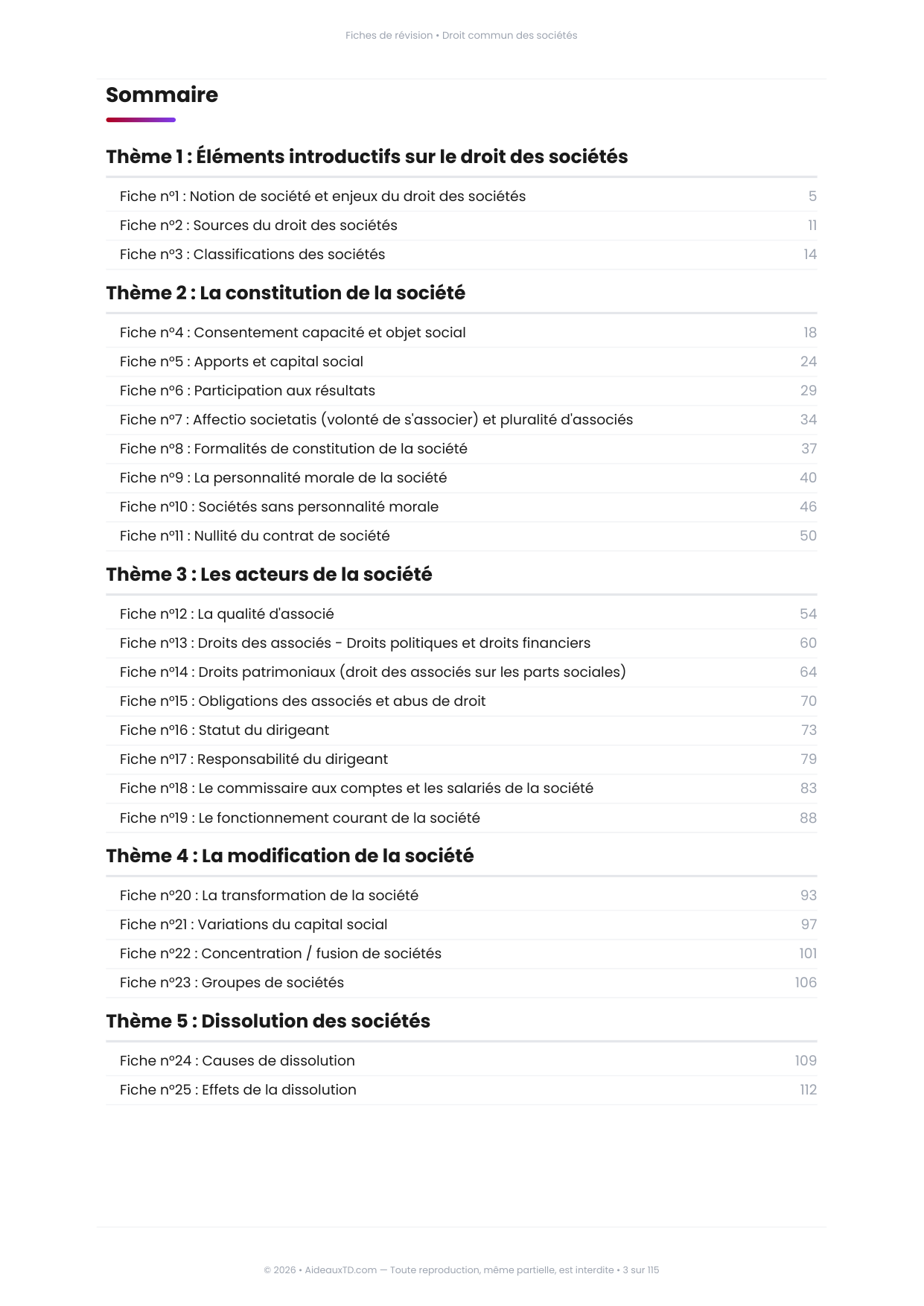 Sommaire des 25 fiches de révision de Droit commun des sociétés, 5 thèmes