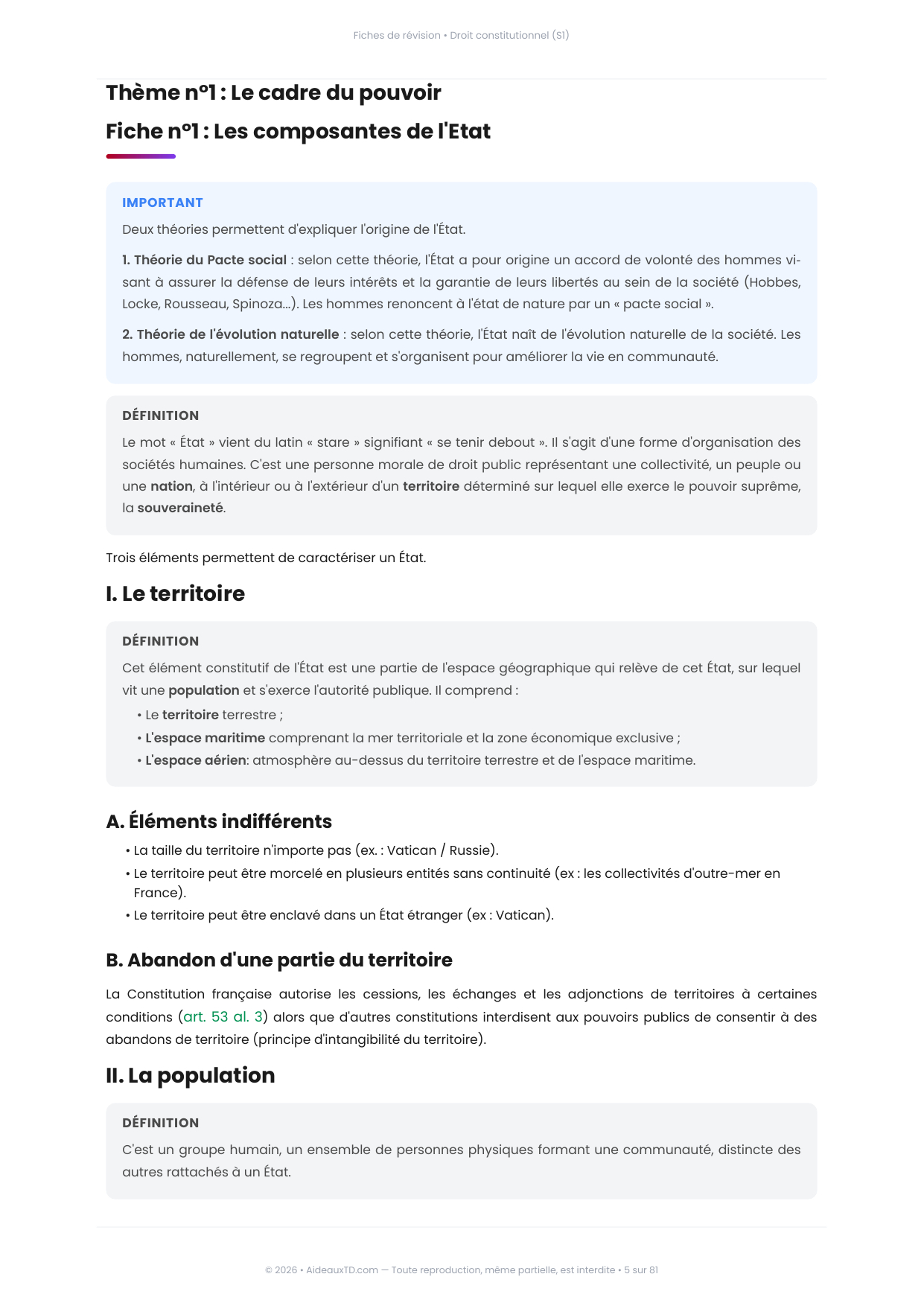 Extrait des fiches de révision de Droit constitutionnel (S1) : fiche n°1, Les composantes de l'Etat (page 1)