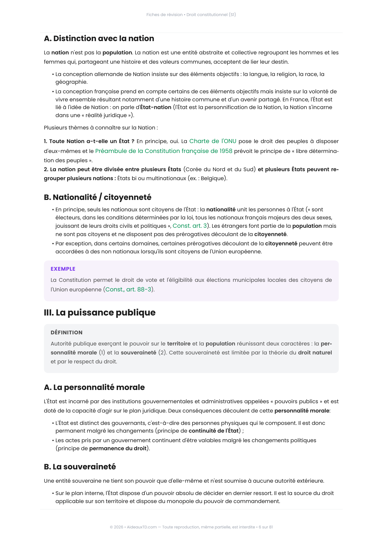 Extrait des fiches de révision de Droit constitutionnel (S1) : fiche n°1, Les composantes de l'Etat (page 2)