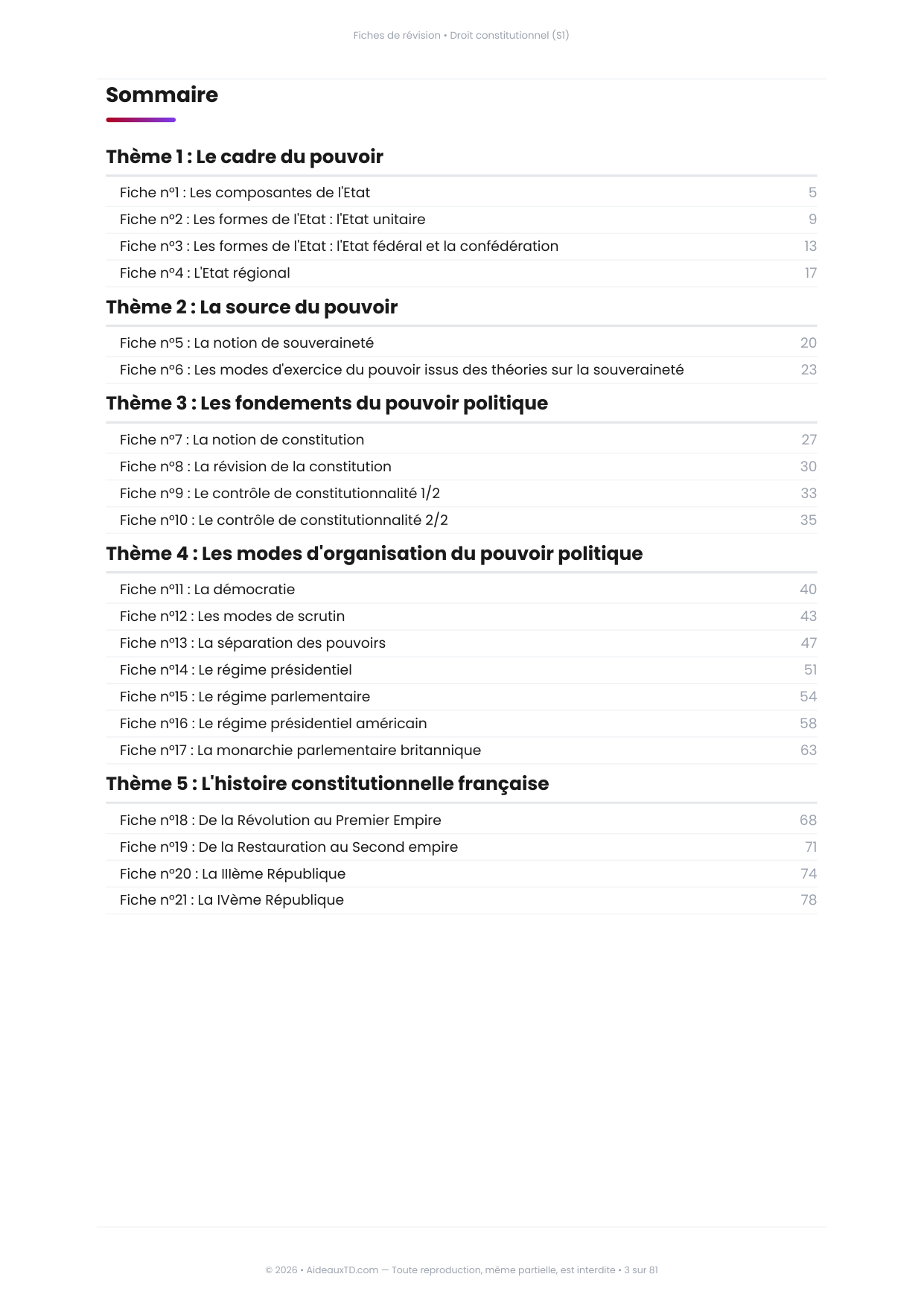Sommaire des 21 fiches de révision de Droit constitutionnel (S1), 5 thèmes