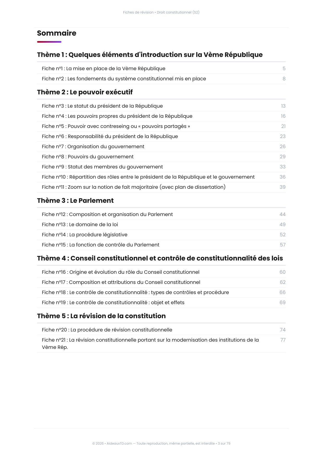 Sommaire des 21 fiches de révision de Droit constitutionnel (S2), 5 thèmes