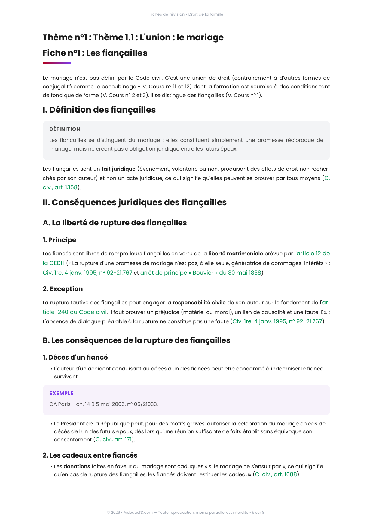 Extrait des fiches de révision de Droit de la famille : fiche n°1, Les fiançailles (page 1)