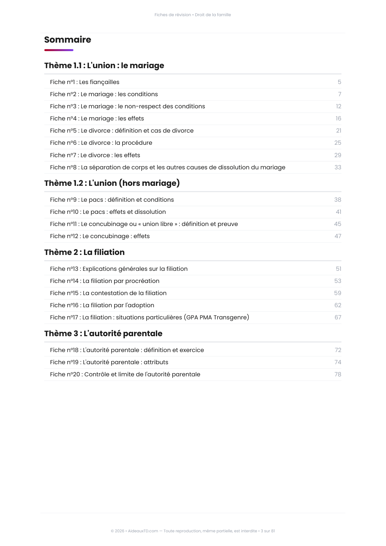 Sommaire des 20 fiches de révision de Droit de la famille, 4 thèmes