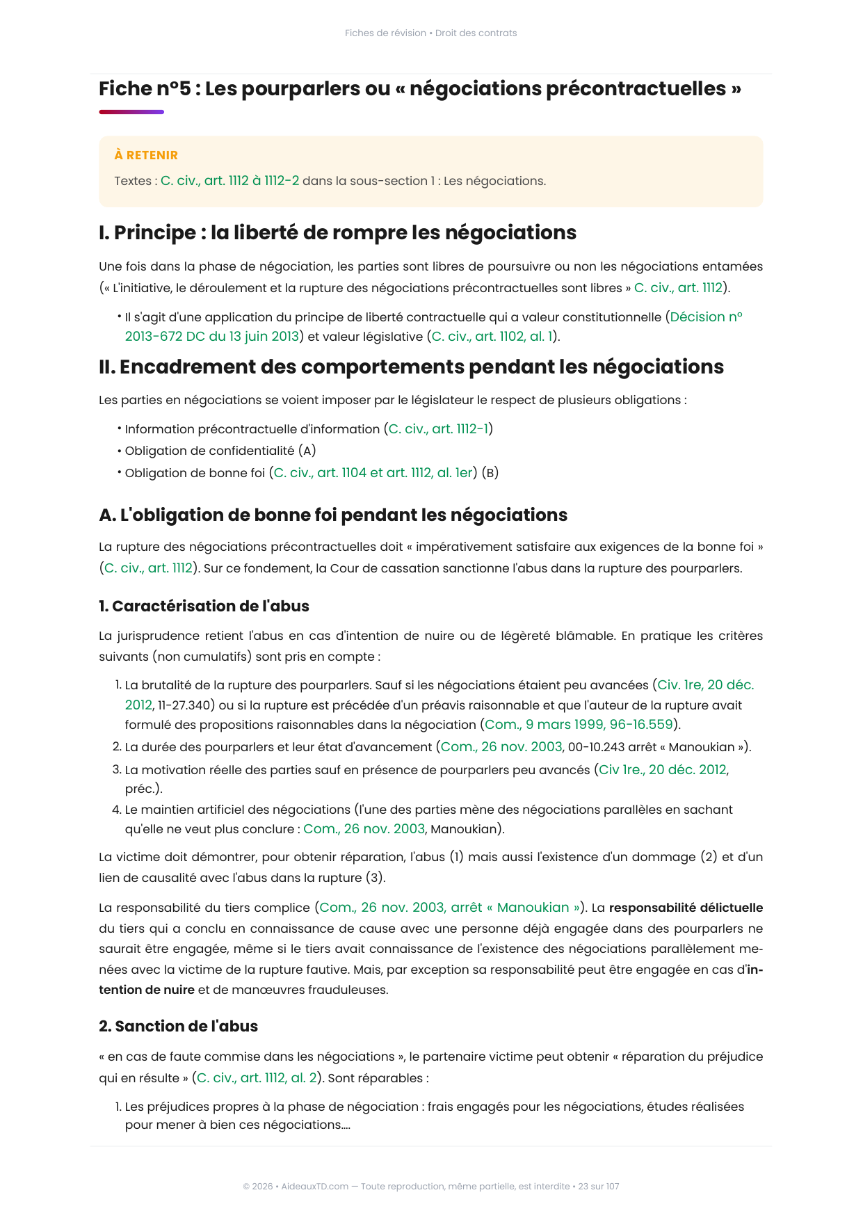 Extrait des fiches de révision de Droit des contrats : fiche n°5, Les pourparlers ou « négociations précontractuelles » (page 1)