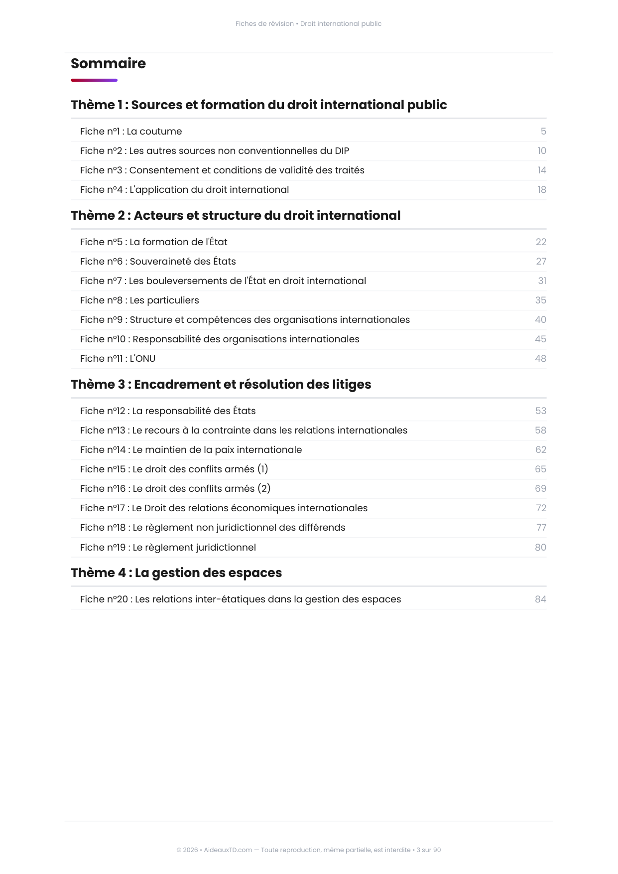Sommaire des 20 fiches de révision de Droit international public, 4 thèmes