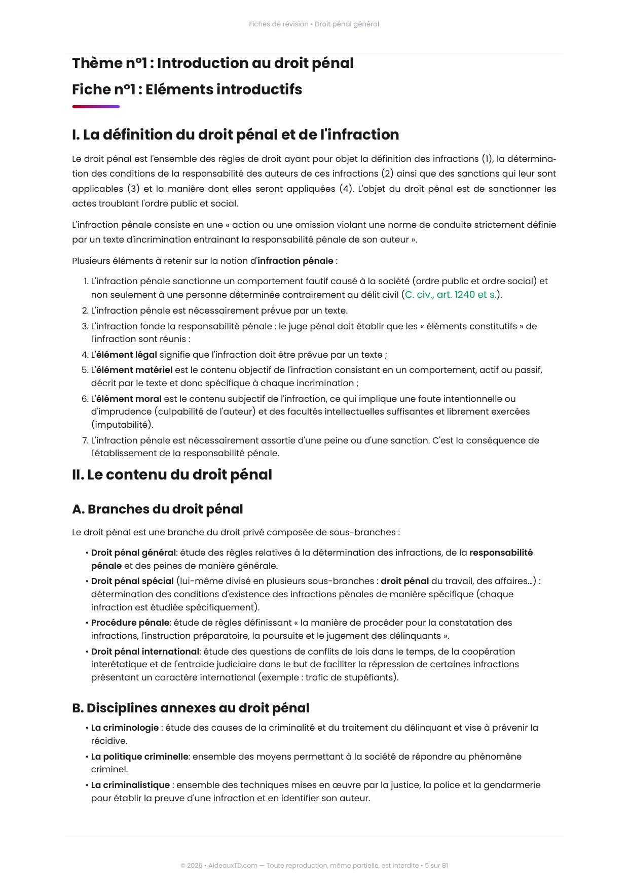Extrait des fiches de révision de Droit pénal général : fiche n°1, Eléments introductifs (page 1)