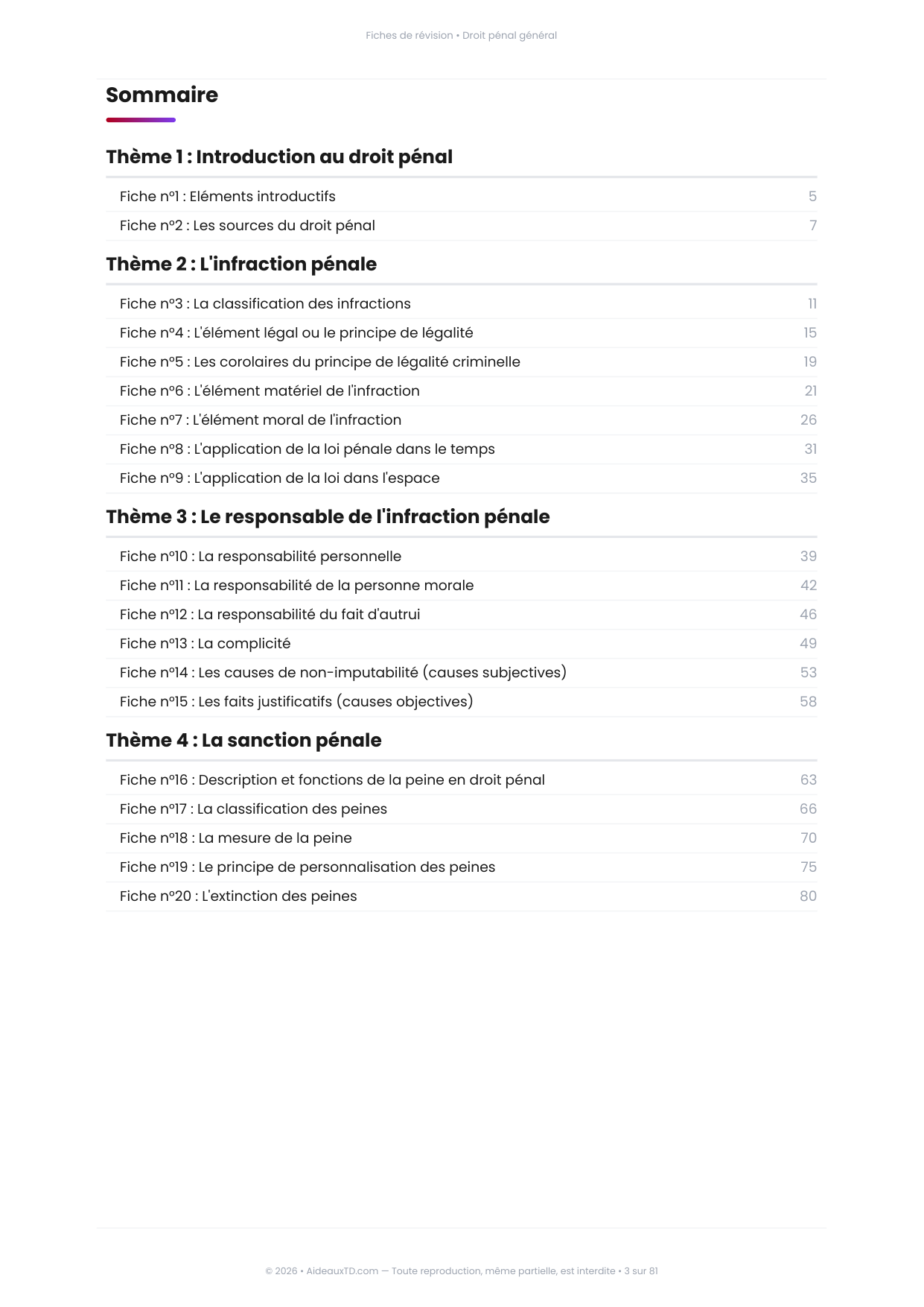 Sommaire des 20 fiches de révision de Droit pénal général, 4 thèmes