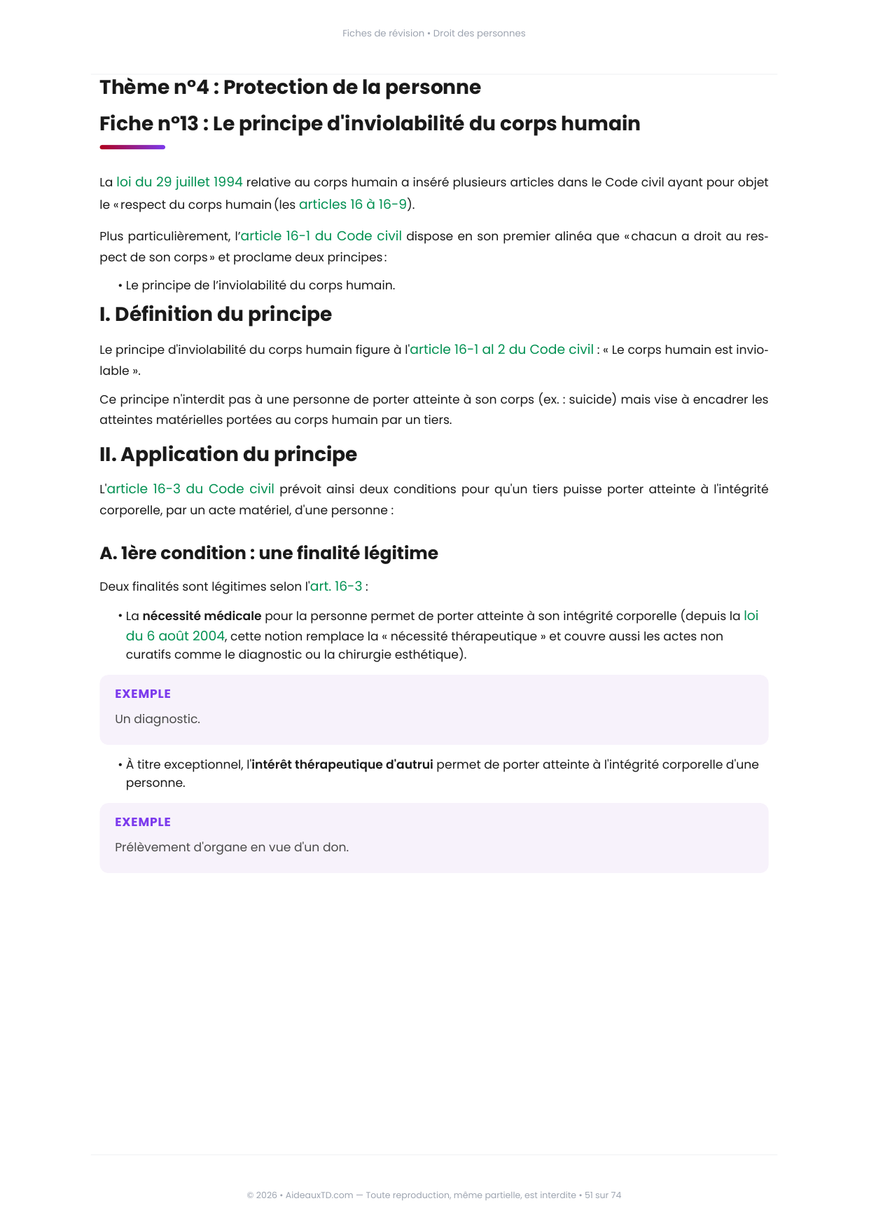 Extrait des fiches de révision de Droit des personnes : fiche n°13, Le principe d'inviolabilité du corps humain (page 1)