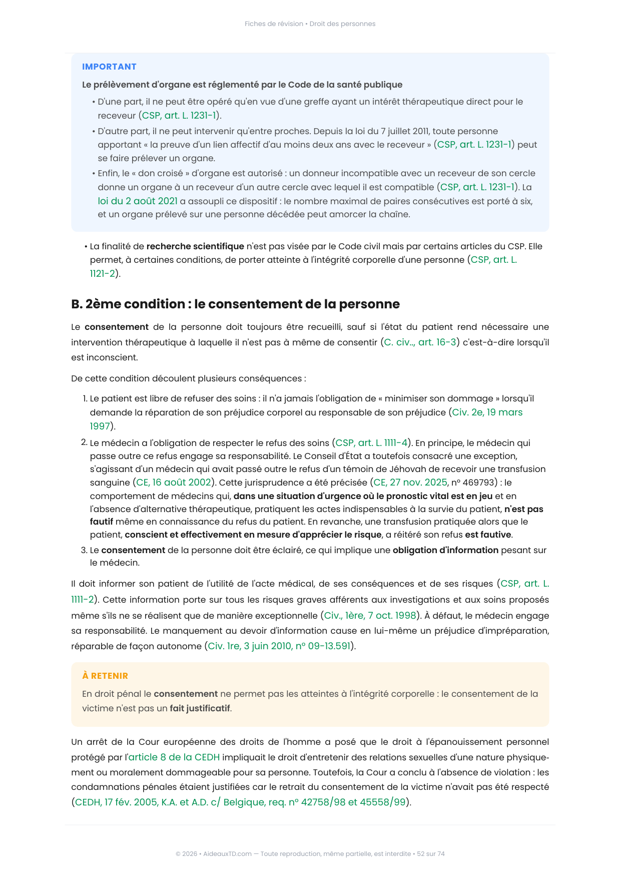 Extrait des fiches de révision de Droit des personnes : fiche n°13, Le principe d'inviolabilité du corps humain (page 2)
