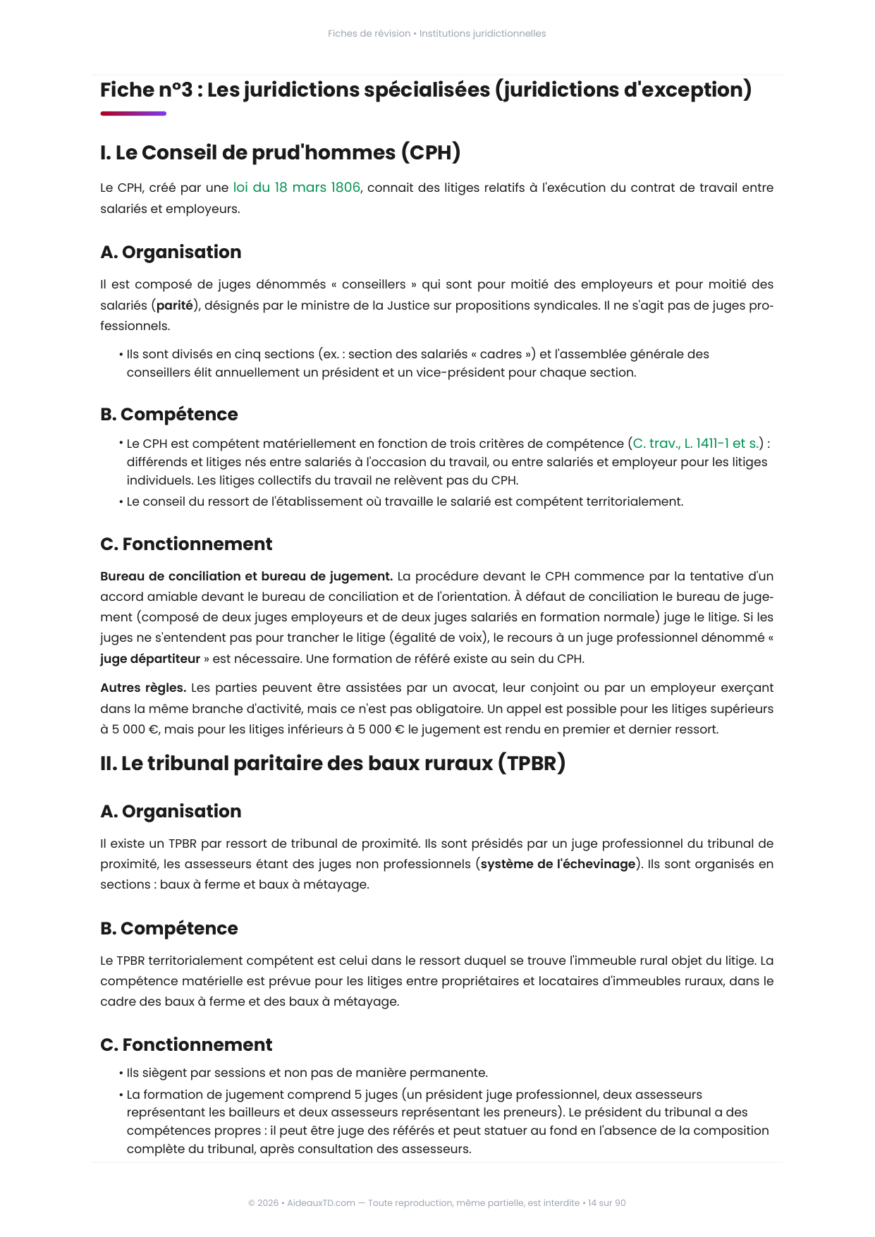 Extrait des fiches de révision de Institutions juridictionnelles : fiche n°3, Les juridictions spécialisées (juridictions d'exception) (page 1)