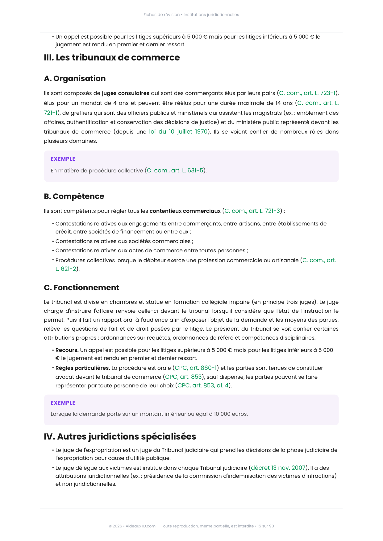 Extrait des fiches de révision de Institutions juridictionnelles : fiche n°3, Les juridictions spécialisées (juridictions d'exception) (page 2)