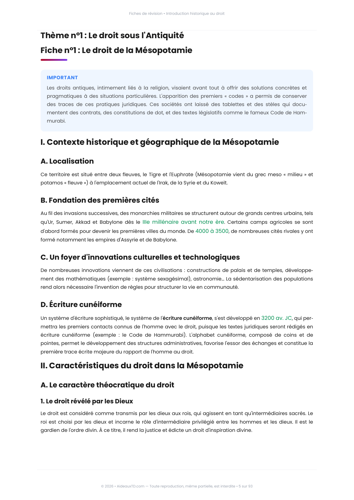 Extrait des fiches de révision de Introduction historique au droit : fiche n°1, Le droit de la Mésopotamie (page 1)