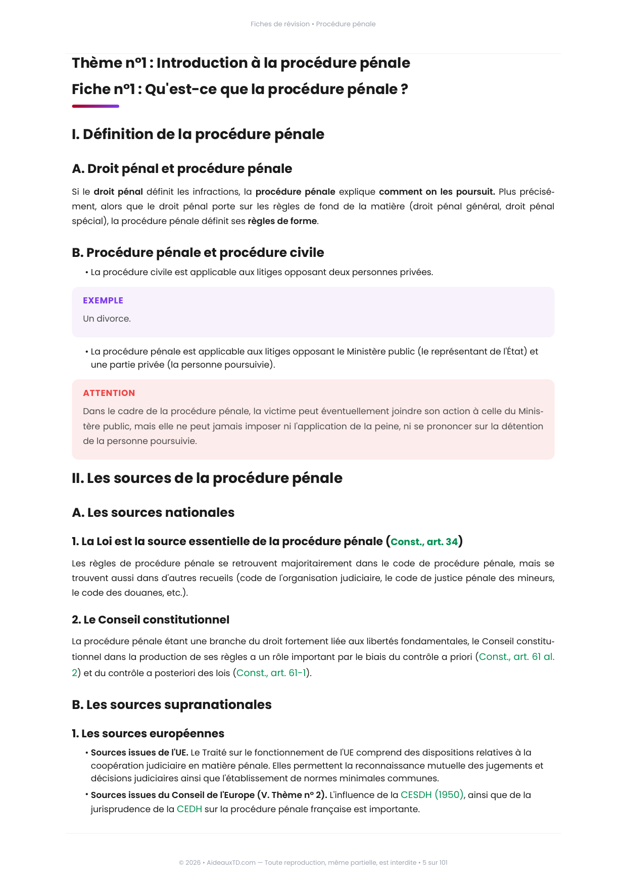 Extrait des fiches de révision de Procédure pénale : fiche n°1, Qu'est-ce que la procédure pénale ? (page 1)
