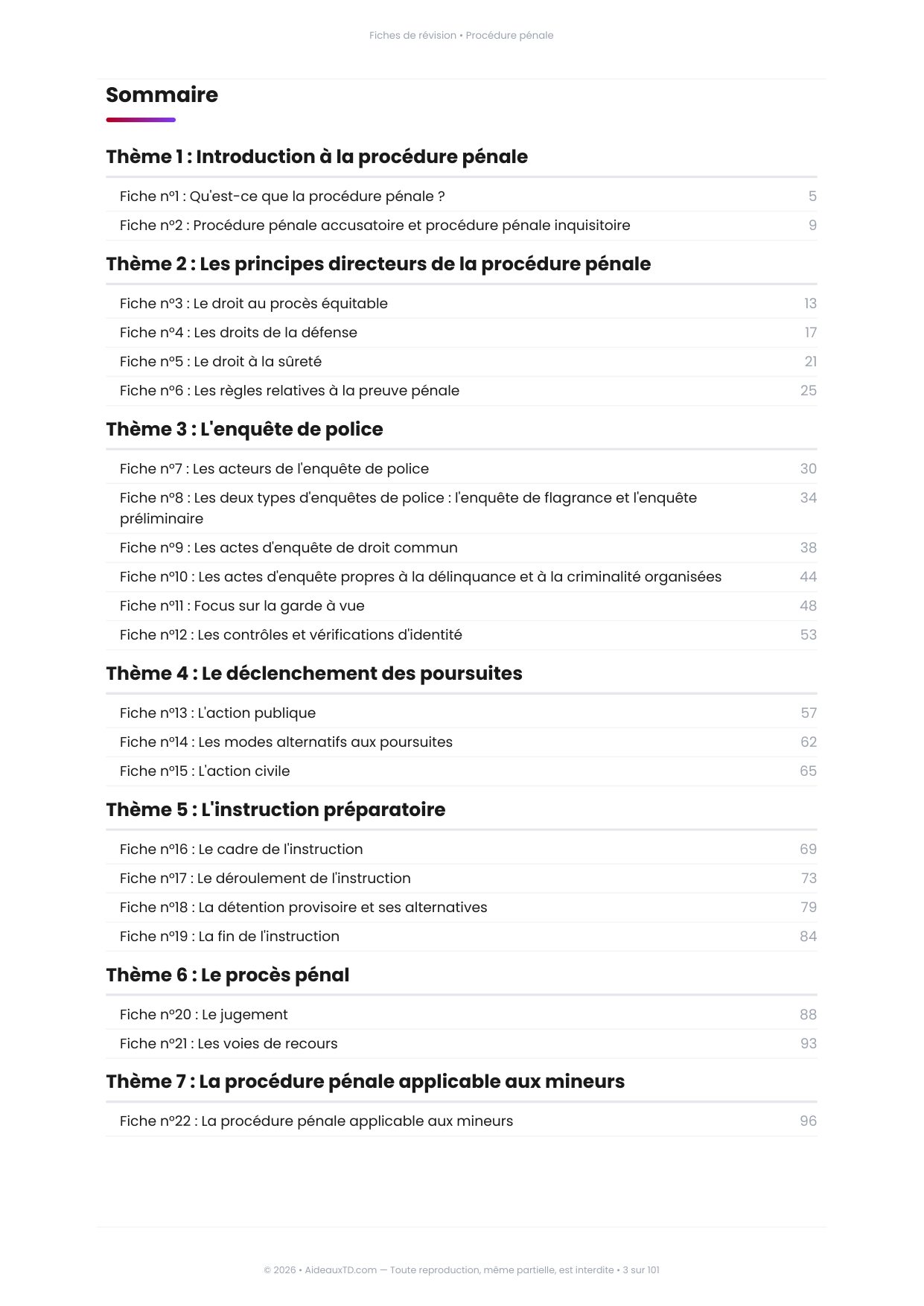 Sommaire des 22 fiches de révision de Procédure pénale, 7 thèmes