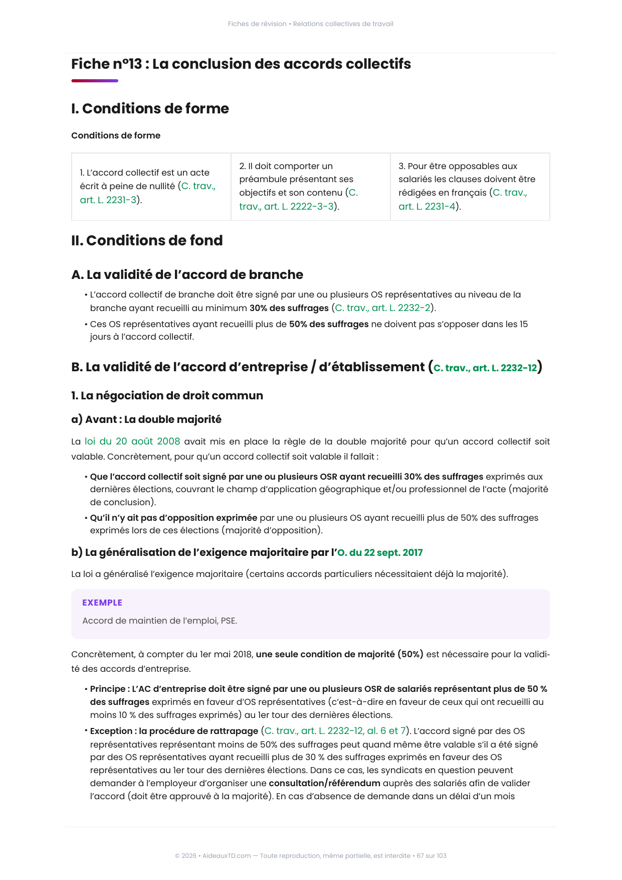 Extrait des fiches de révision de Relations collectives de travail : fiche n°13, La conclusion des accords collectifs (page 1)